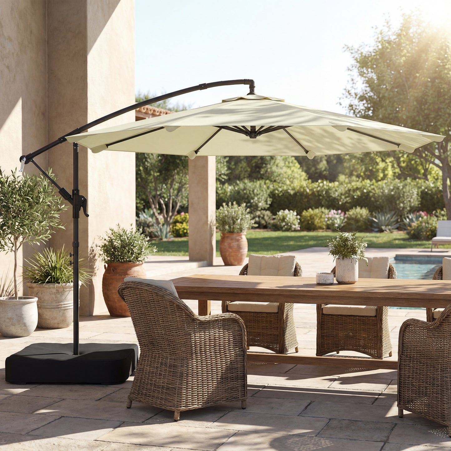 Outsunny 3 m Cantilever Garden Parasol With Cross Base Sandbag 360 Degree Rotation Overhanging Banana Umbrella Beige