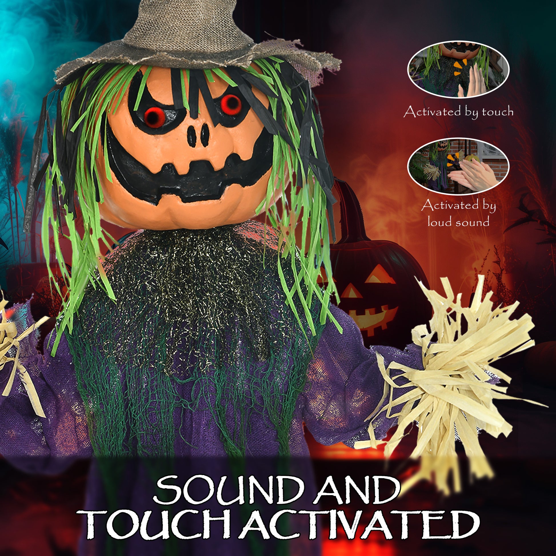 HOMCOM Sinister Animated Pumpkin Man Decoration with Sound and Light Effects for Halloween Haunts - ALL4U RETAILER LTD