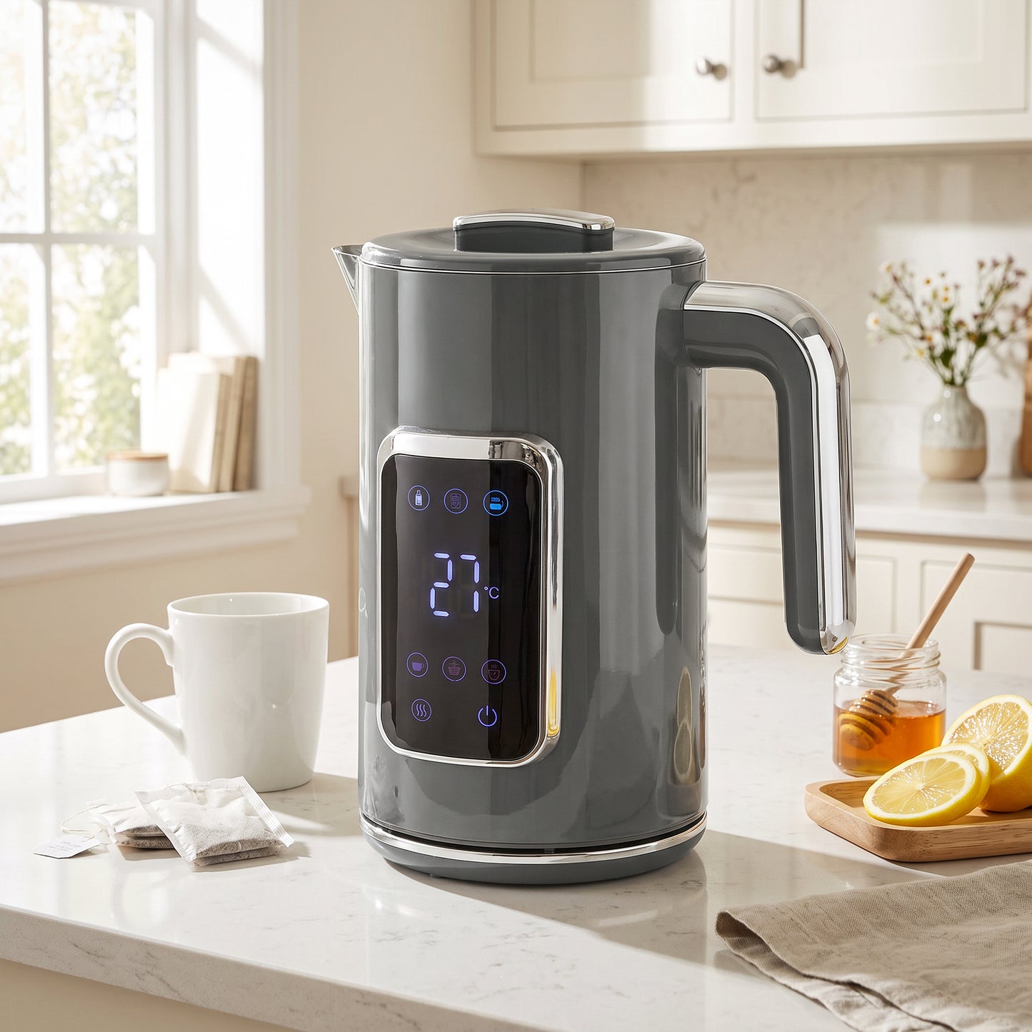 Homcom 1.7L Electric Kettle 3000W Fast Boil Led Temp Control Keep Warm Grey