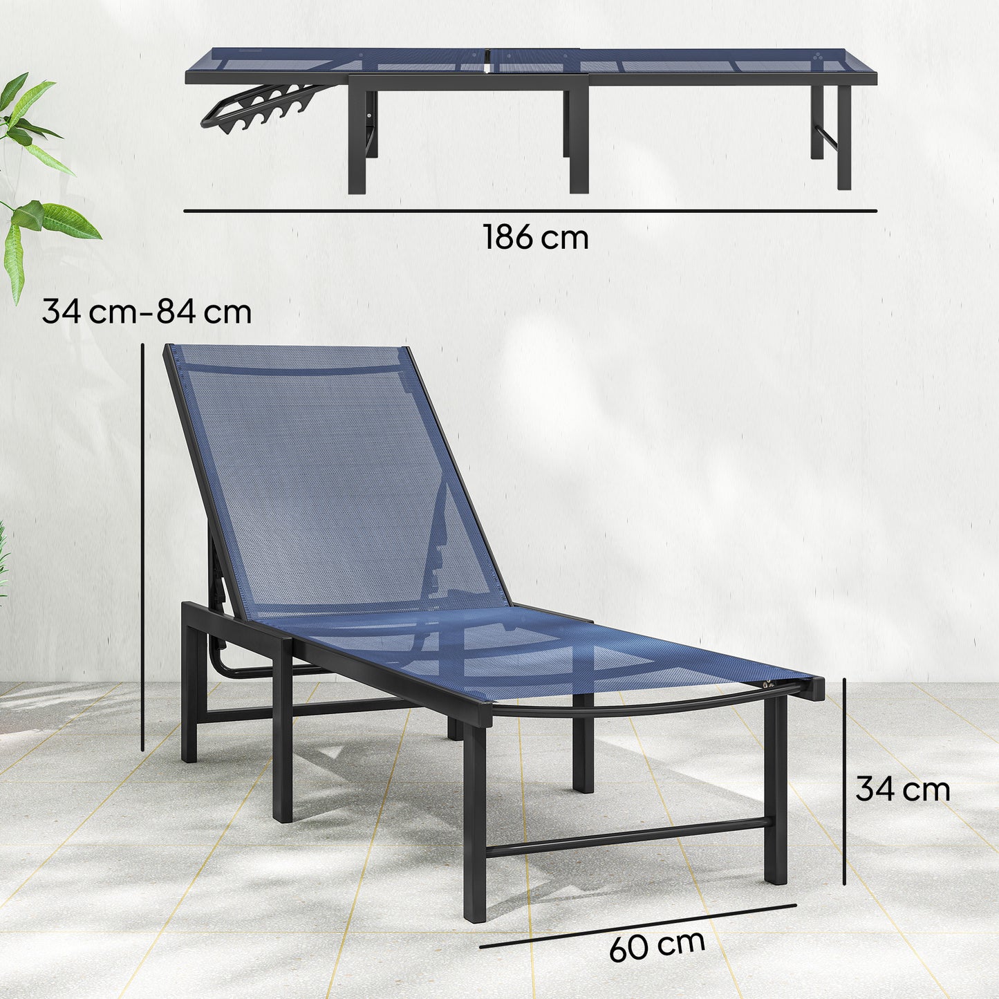 Outsunny Set Of Two Reclining Sun Loungers Five Position Adjustable Backrests Dark Blue Outdoor Garden