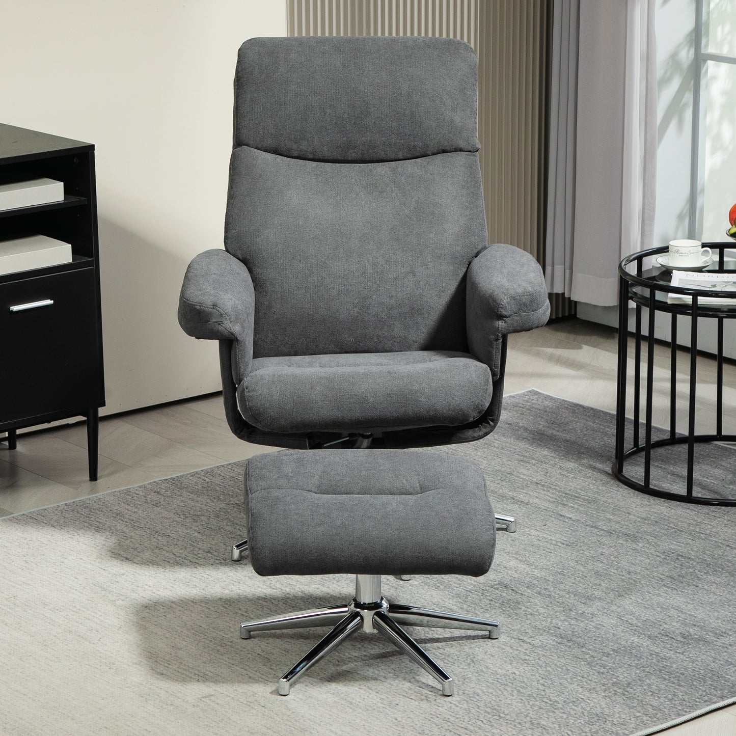HOMCOM Velvet Feel Recliner Chair And Ottoman Set In Dark Gray With Wooden Frame And 130 Degree Adjustable Back