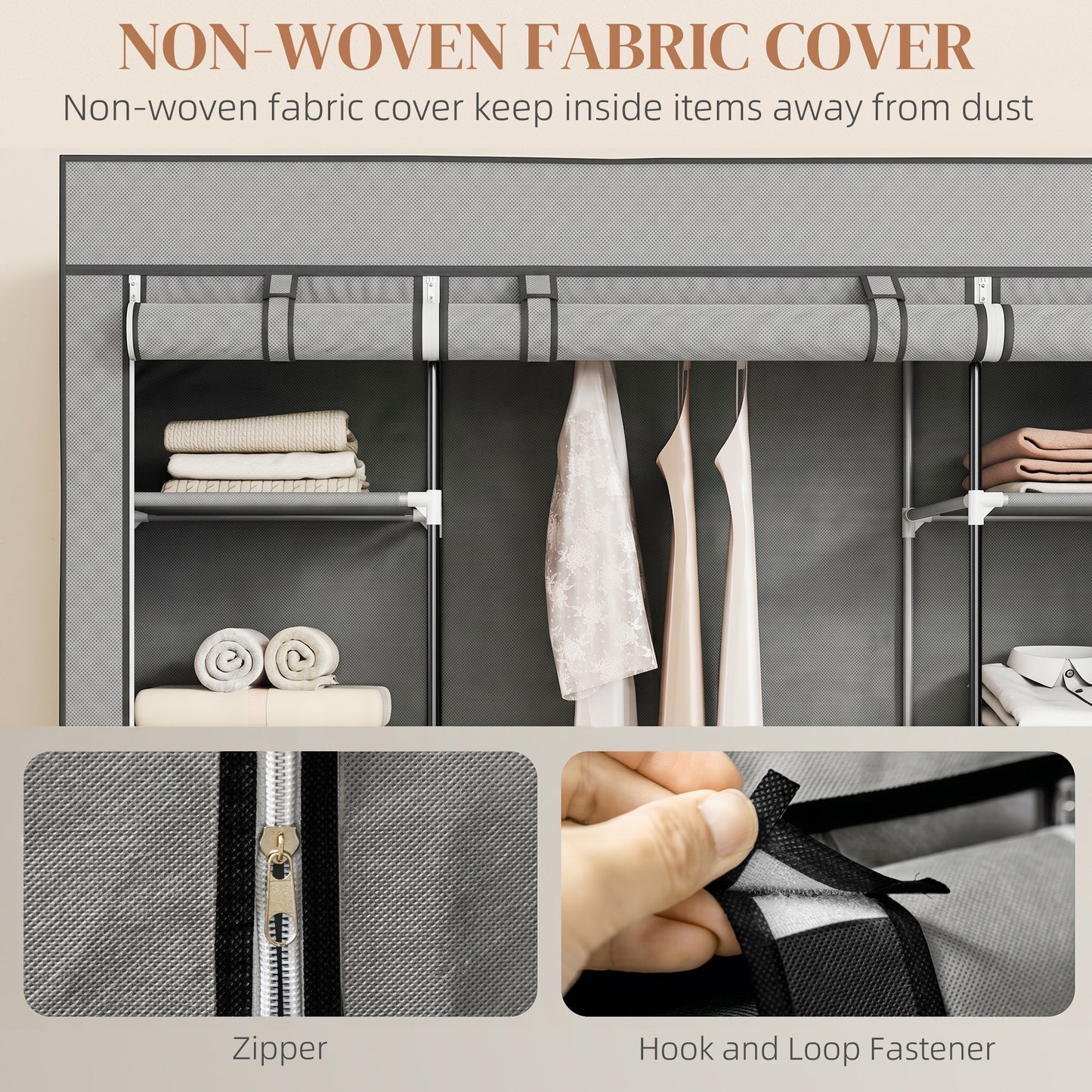 HOMCOM Clothes Storage Organiser With Hanging Rail And Shelves Portable Wardrobe Foldable Fabric Wardrobe Light Grey