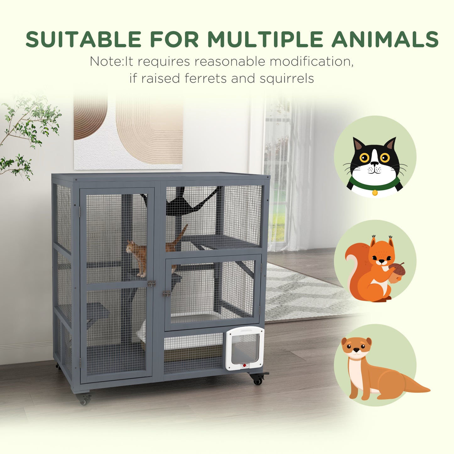 PawHut Light Grey Cat Enclosure with Wheels, Weather-Resistant Wooden Catio, Spacious Indoor Kitty House with Platforms and Hammock - 100L x 60W x 110Hcm