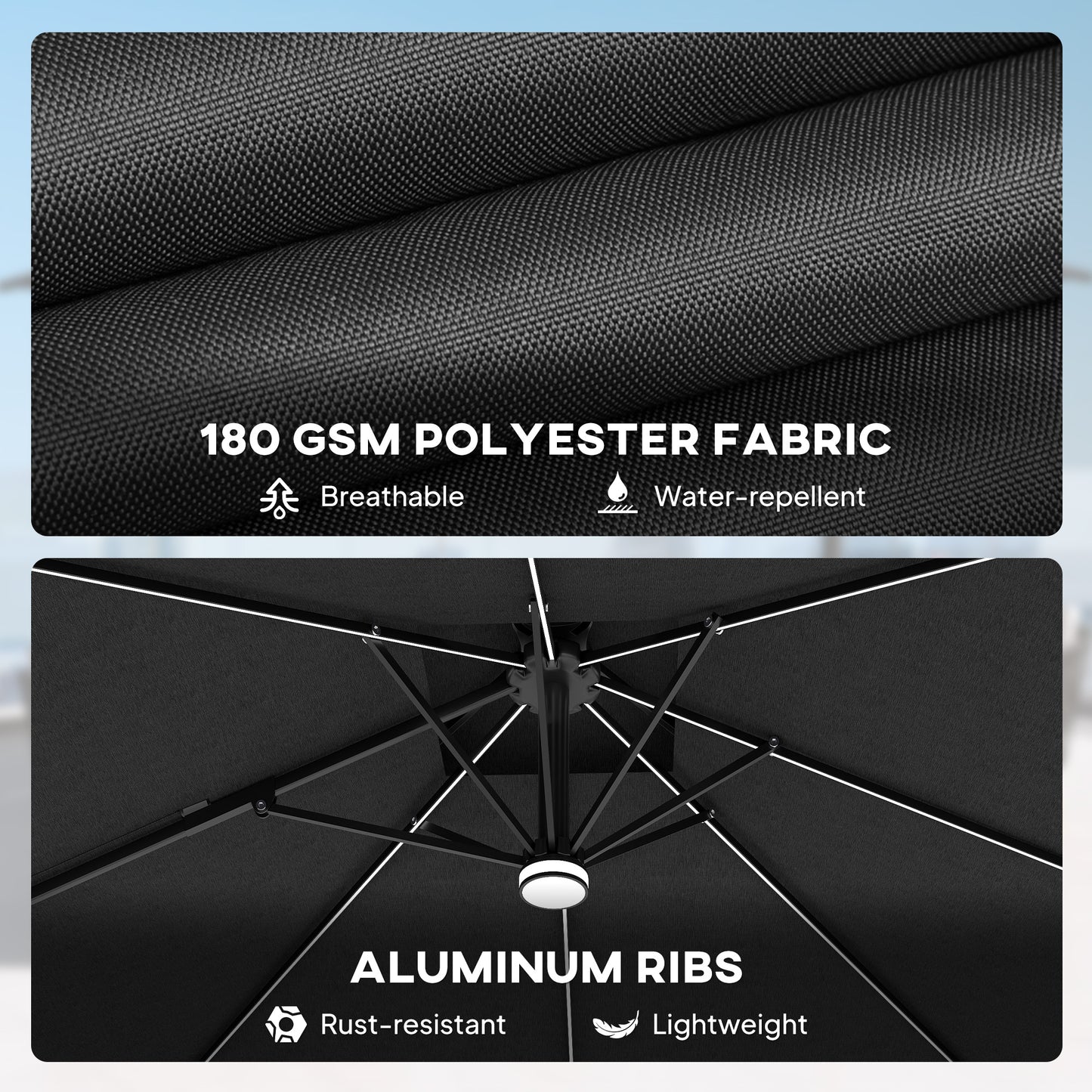 Outsunny 2.5m Cantilever Parasol With Solar LED Lights 360 Degree Rotation Tilt Adjustment Crank Handle Dark Grey
