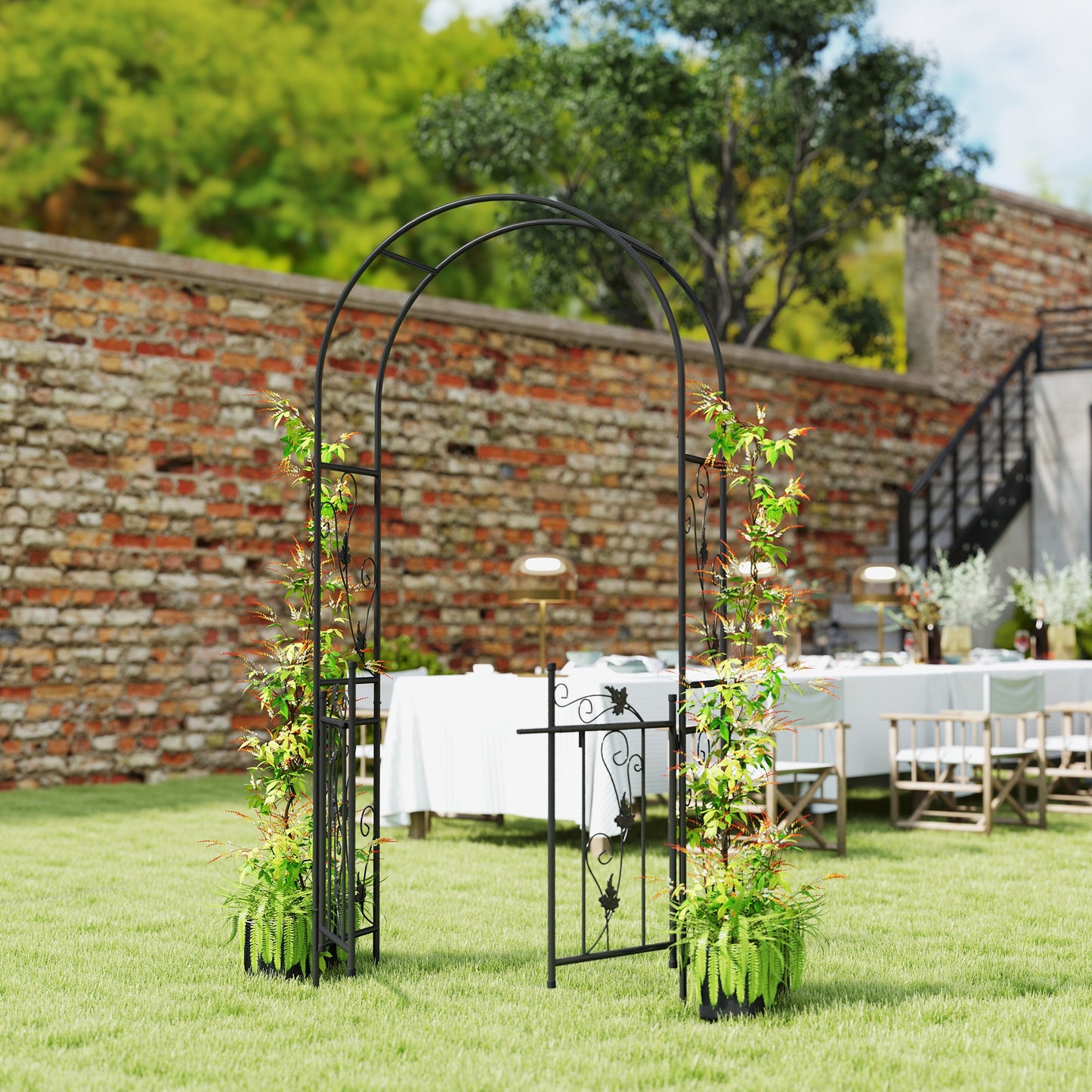 Outsunny 2.17m Steel Garden Arch With Gate Wedding Arch For Outdoor Garden 107W x 45D x 217H CM Black