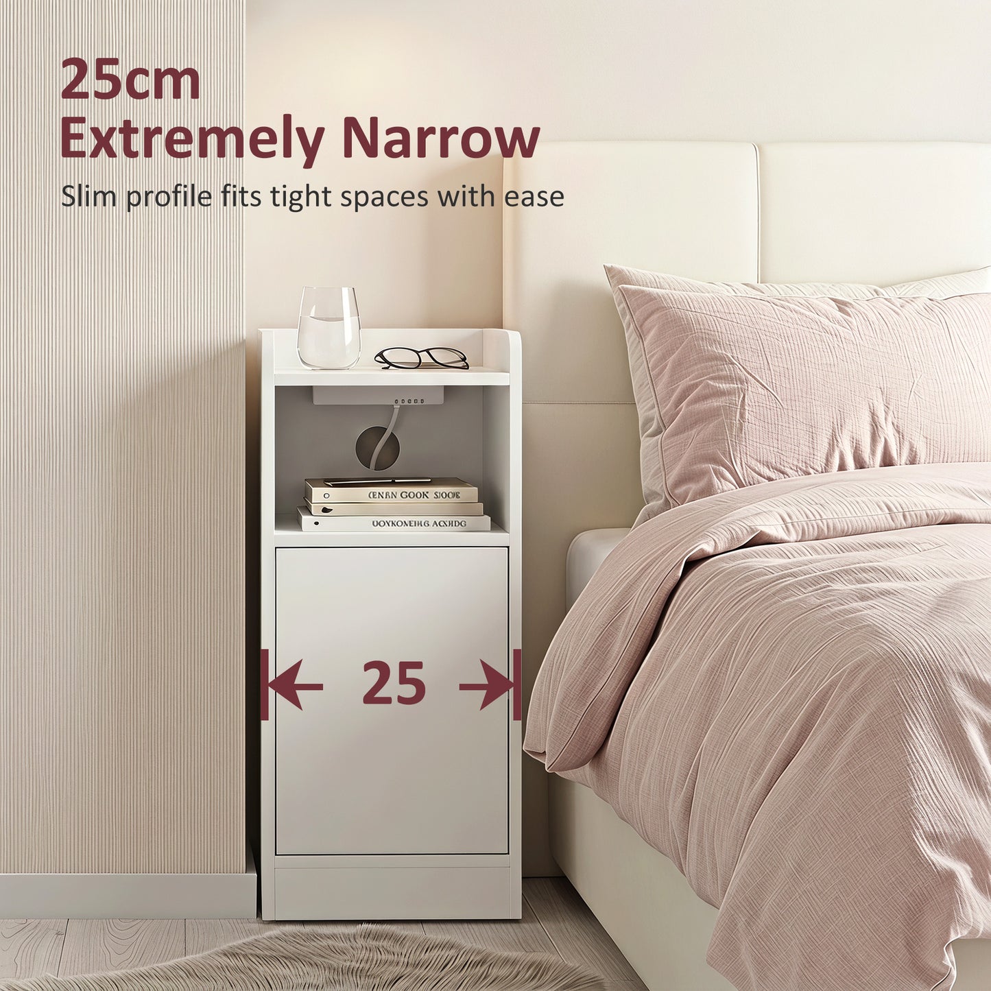 HOMCOM Set Of 2 Slim White Bedside Tables With USB Charging Station And Adjustable Shelf