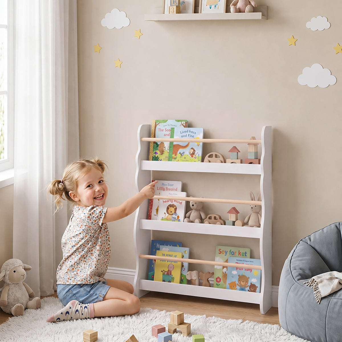 White kids bookcase with three open shelves and rounded side panels