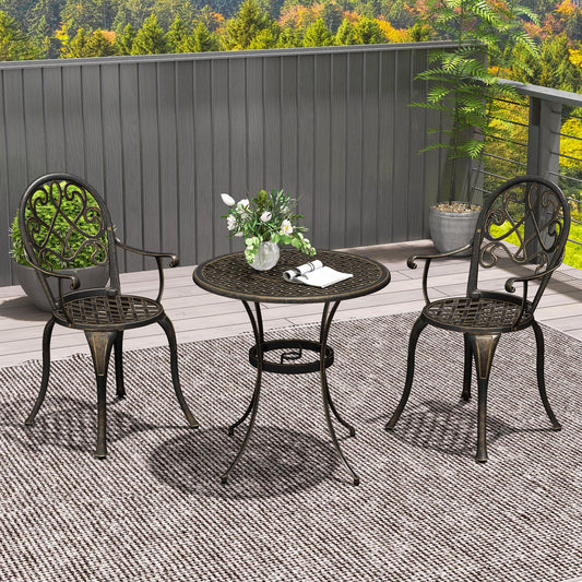 Outsunny Three Piece Aluminium Garden Bistro Set with Round Table and Two Chairs Bronze Tone Outdoor Furniture