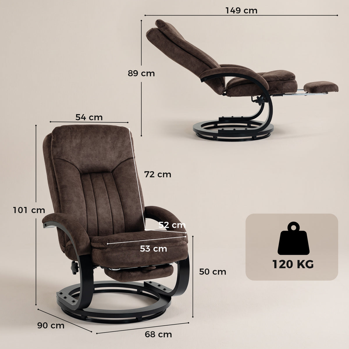 Dark brown velvet swivel recliner chair with retractable footrest, side and front view