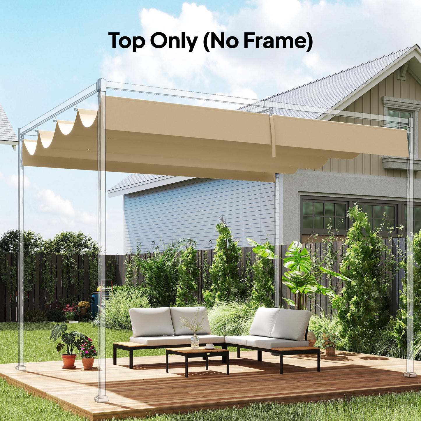 Outsunny Retractable Pergola Canopy Replacement Cover 3.92 by 3.5 Meters UV30 Plus Khaki For 4 by 3 Meters Pergola