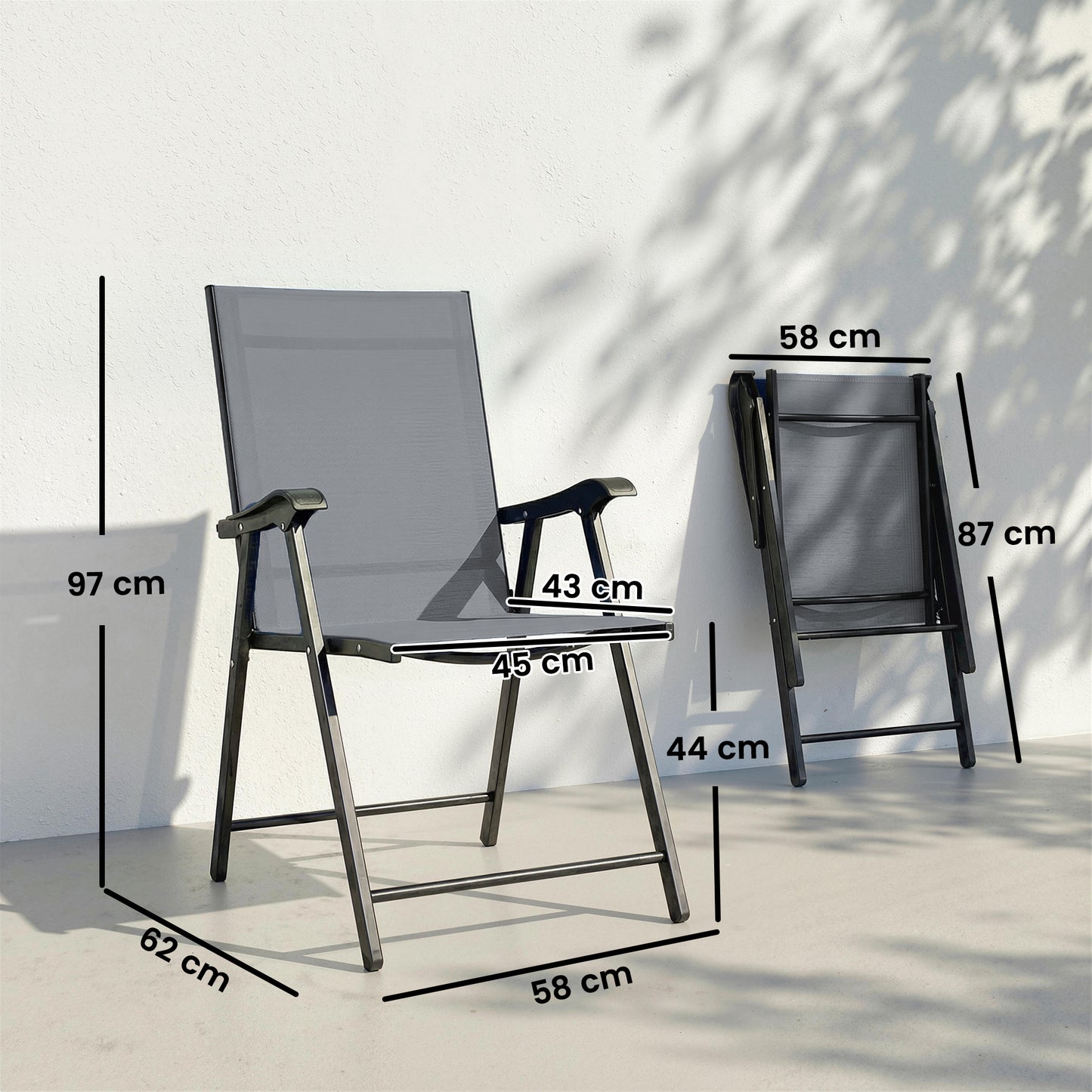 Outsunny Folding Garden Chairs Set Of 2 Foldable Dining Chairs With High Back Armrests Texteline Seat Light Grey