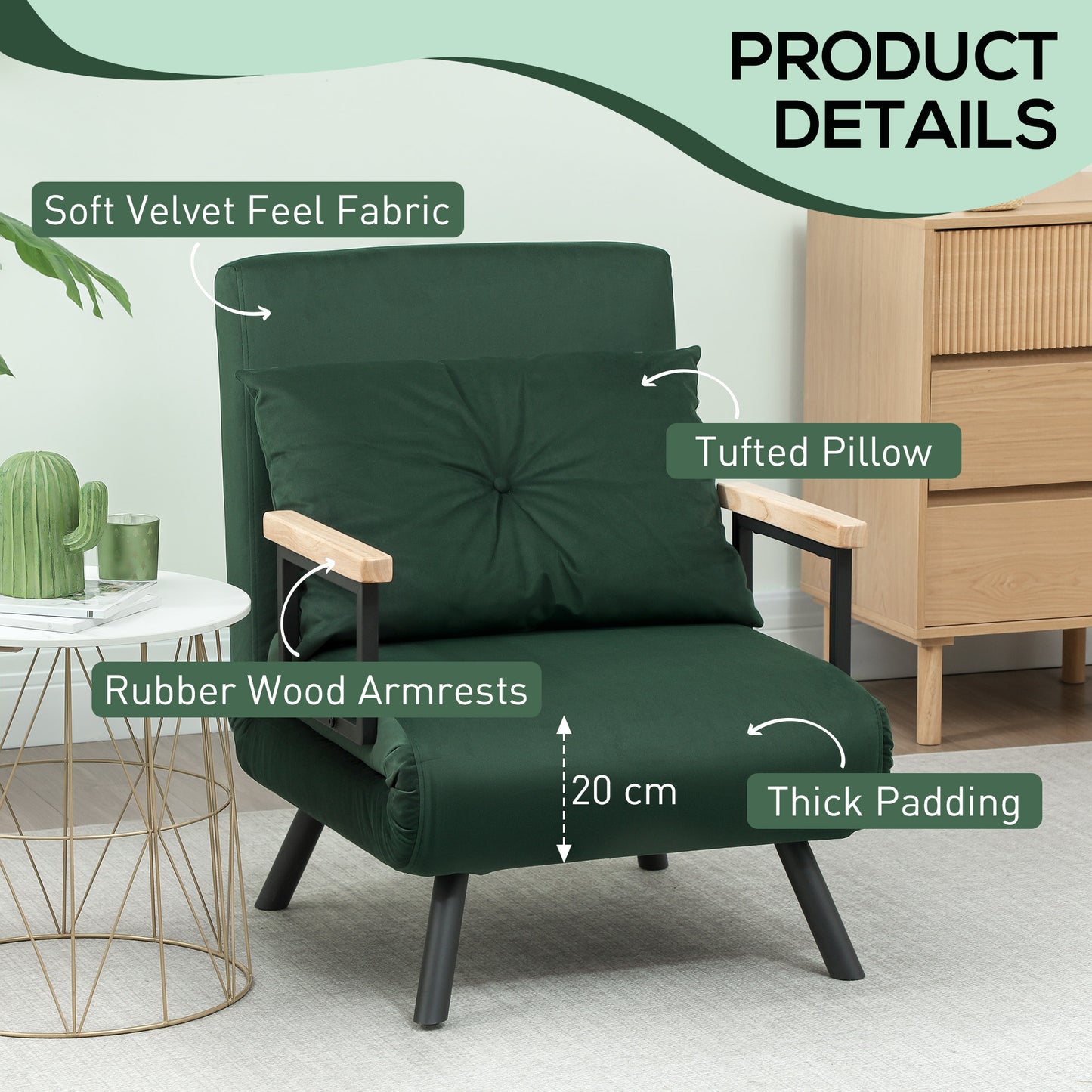 HOMCOM 4-In-1 Velvet-Feel Single Chair Bed With Pillow Green Portable Folding Sofa Bed