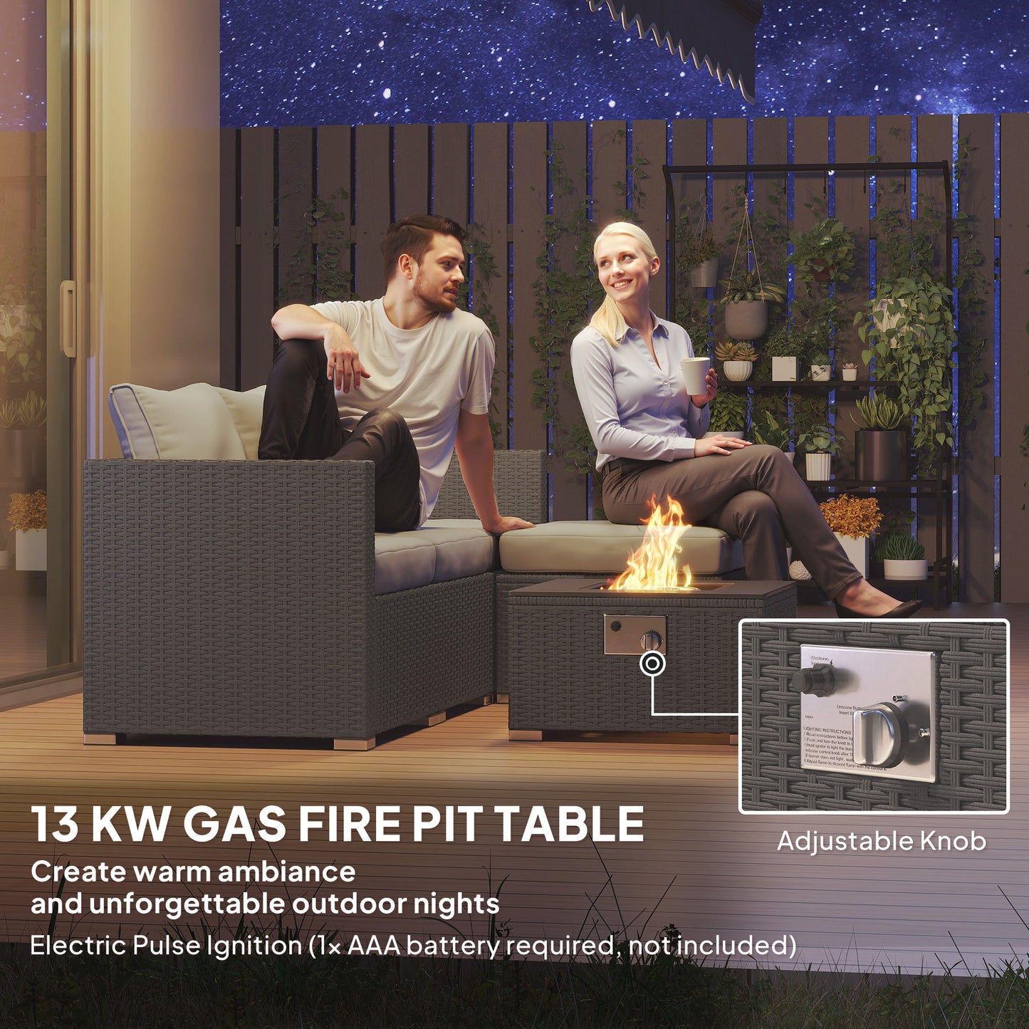 Outsunny Five Piece All Weather Rattan Garden Furniture Set With Gas Fire Pit Table And Footstool Grey
