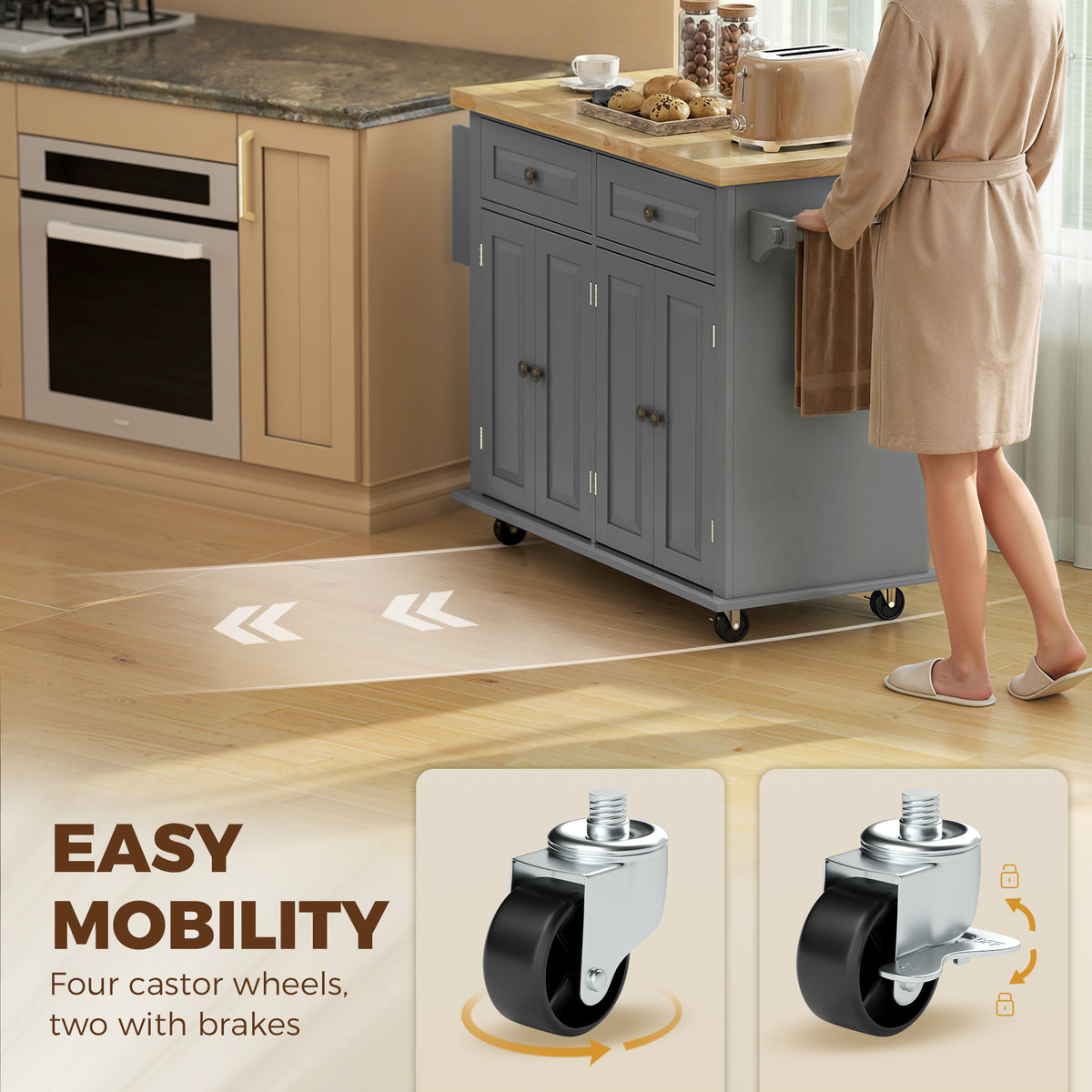 Rolling kitchen island with rubberwood top, gray cabinets, and four caster wheels