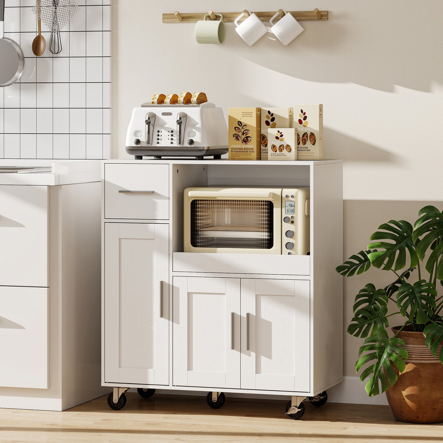 HOMCOM Rolling Kitchen Cart Microwave Cabinet With Sliding Tray Drawer And Three Door Cupboards White