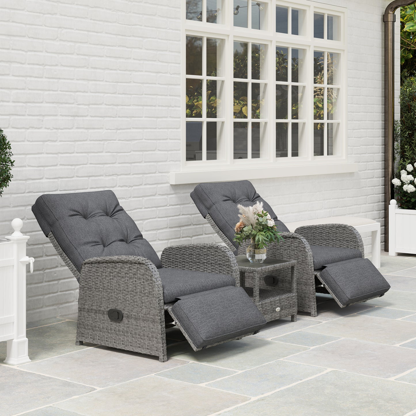 Outsunny 2 Seater Outdoor Patio Rattan Wicker Chaise Lounge Set With Cushions No Assembly Grey