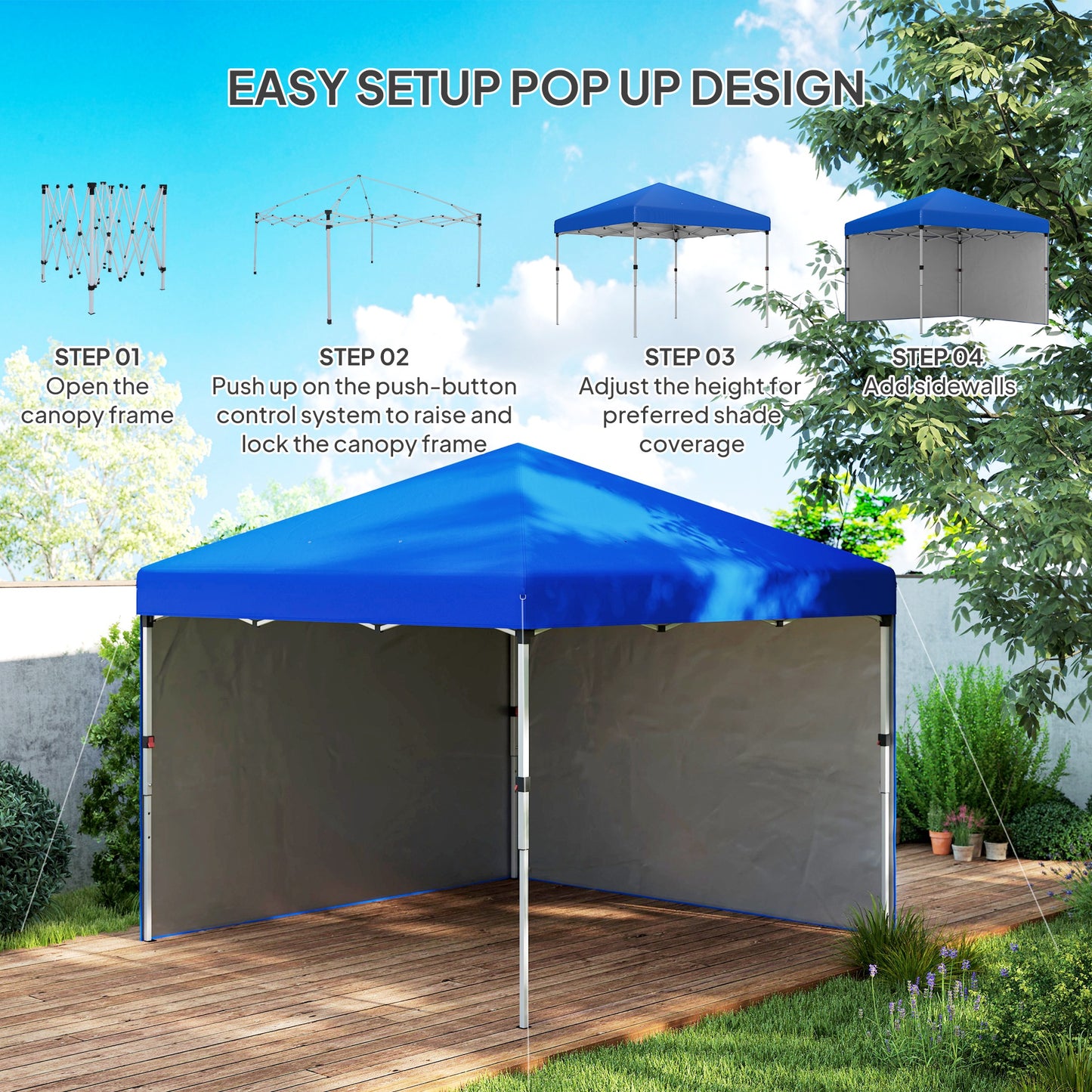 Outsunny 3x3m Pop Up Gazebo With 2 Sidewalls UPF 30 Plus Height Adjustable Party Tent For Garden Patio Blue