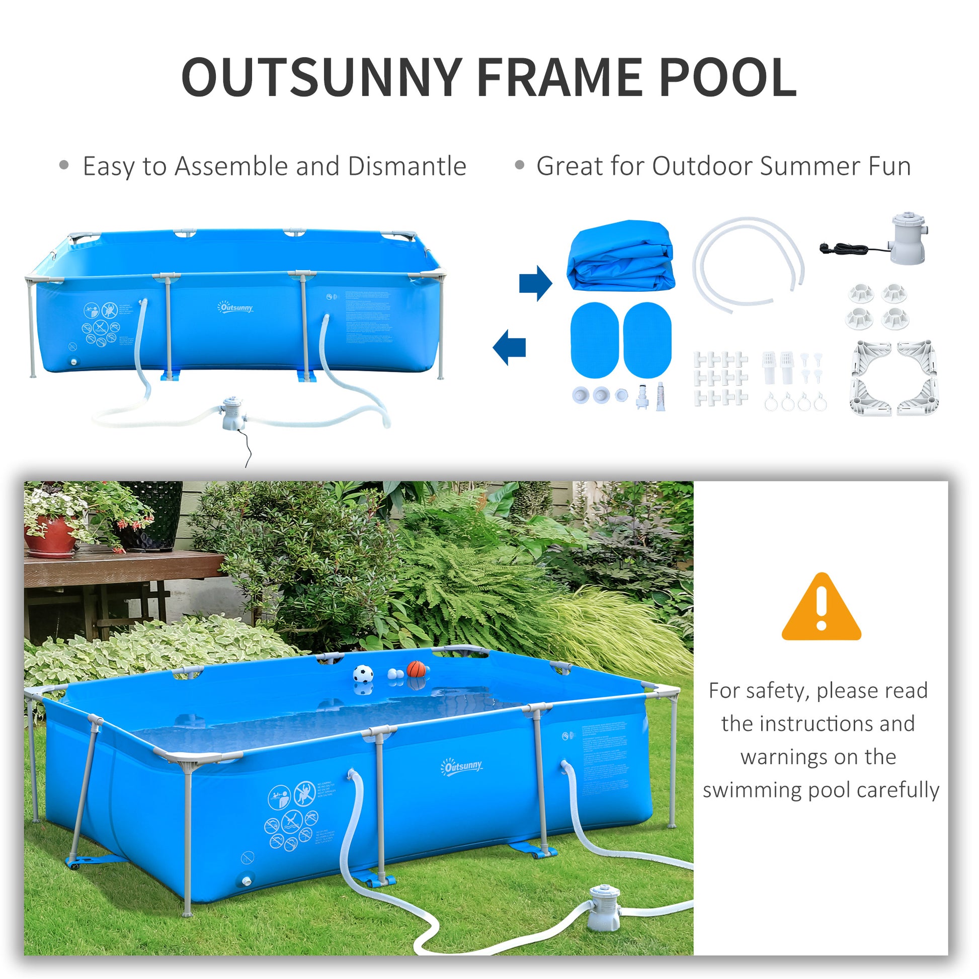 Outsunny Above Ground Swimming Pool with Rust-Resistant Steel Frame, Filter Pump, and Reinforced Sidewalls - 315 x 225 x 75cm, Blue - ALL4U RETAILER LTD