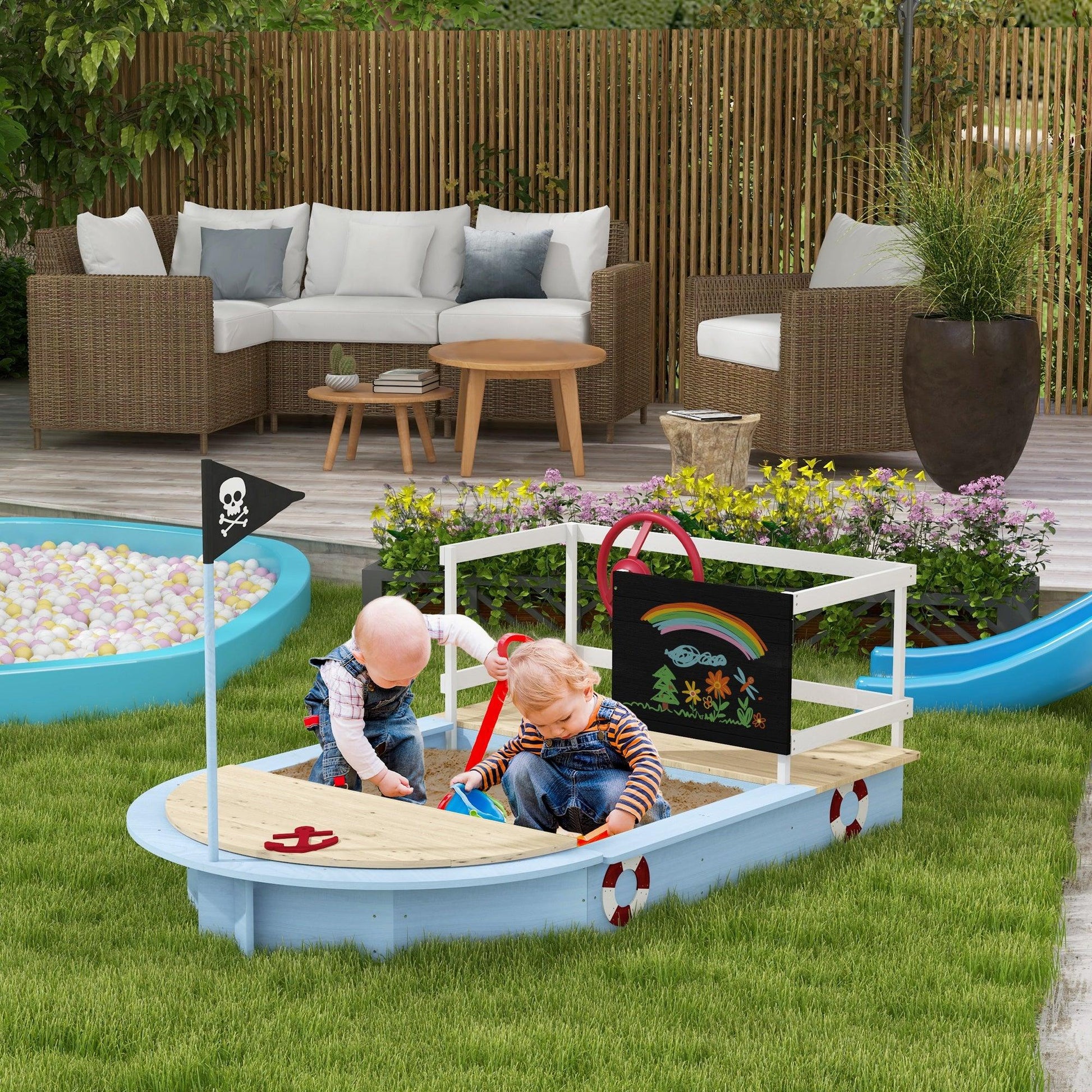 Outsunny Wooden Kids Sandbox Pirate Ship Design Blue - ALL4U RETAILER LTD