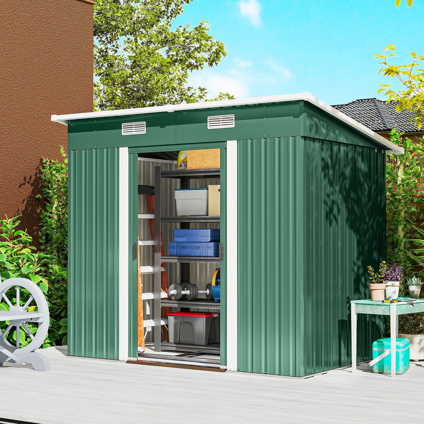 Outsunny 7x4ft Outdoor Storage Shed With Foundation Kit Lean To Metal Garden Shed For Tools Bikes Rubbish Bins Green