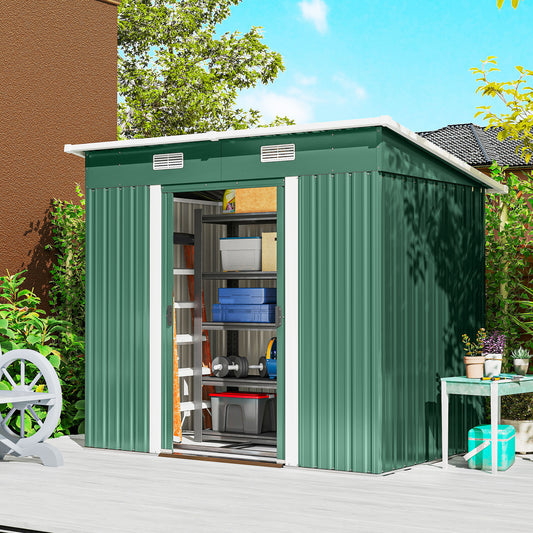 Outsunny 7x4ft Outdoor Storage Shed With Foundation Kit Lean To Metal Garden Shed For Tools Bikes Rubbish Bins Green
