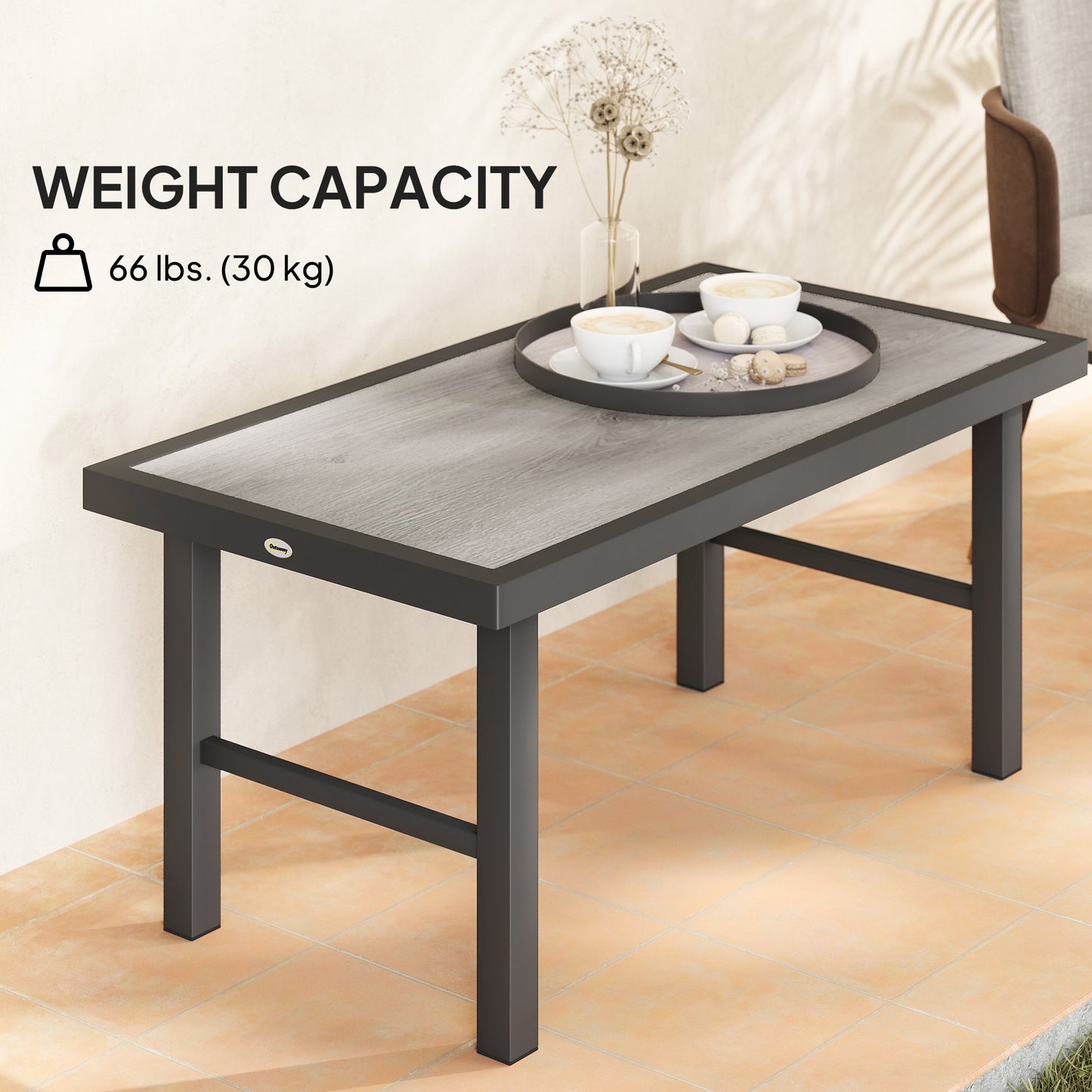 Outsunny Metal Garden Coffee Table With SPC Woodgrain Tabletop For Outdoor Garden Balcony Porch 100 X 53 X 46 cm Grey