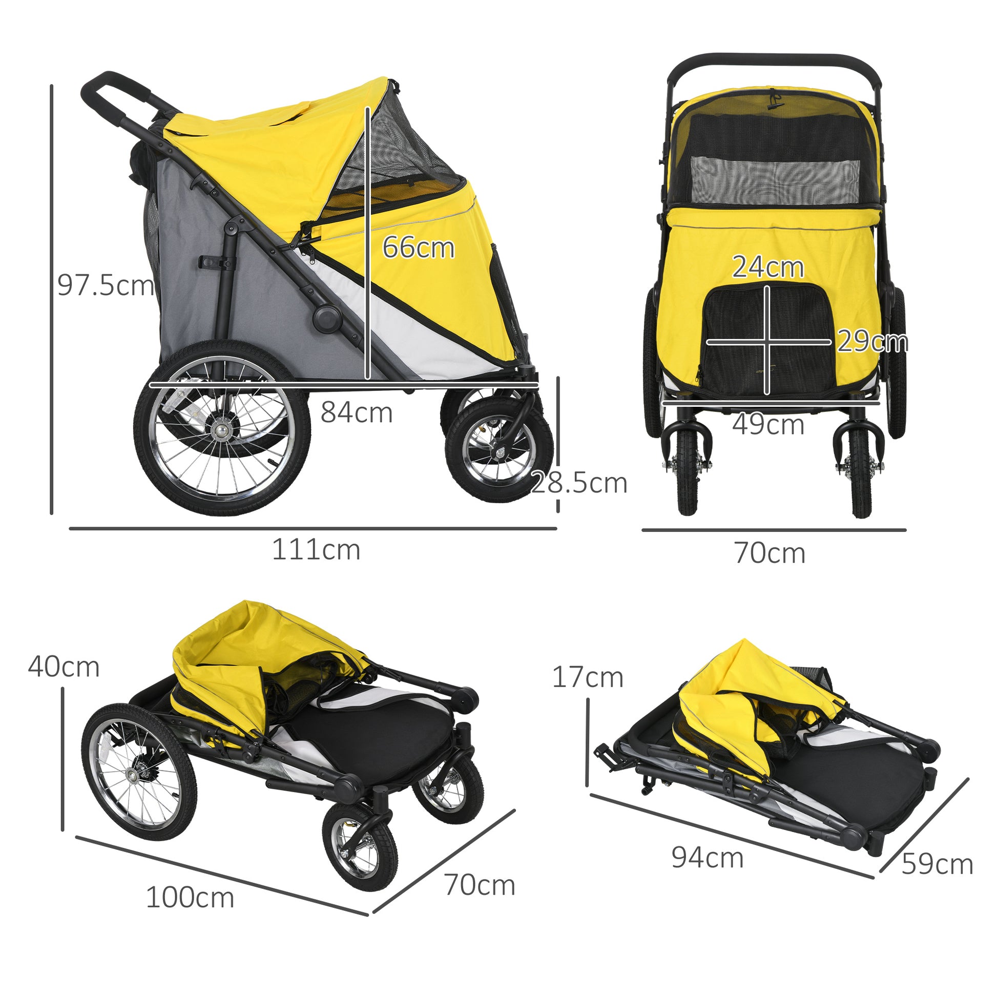 PawHut Large Dog & Cat Travel Stroller with Washable Cushion, Safety Leash, and Storage Bags - Yellow - ALL4U RETAILER LTD