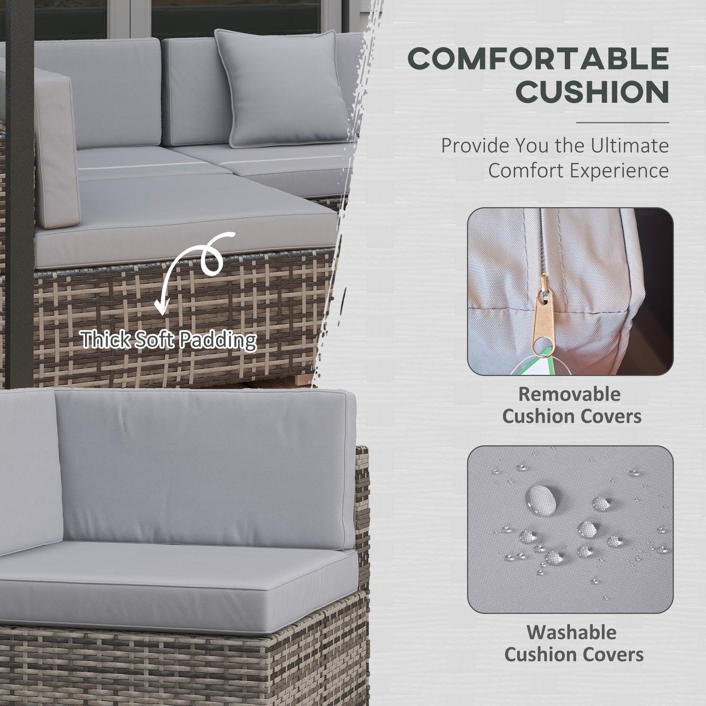 Outsunny 7 Pcs PE Rattan Garden Furniture Set w/ Thick Padded Cushion, Patio Corner Sofa Sets w/ Glass Coffee Table & Pillows, Mixed Grey - ALL4U RETAILER LTD