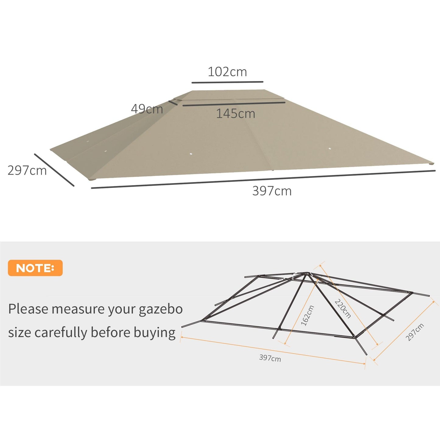 Outsunny 3 x 4m Gazebo Canopy Replacement Cover, Gazebo Roof Replacement (TOP COVER ONLY), Khaki - ALL4U RETAILER LTD