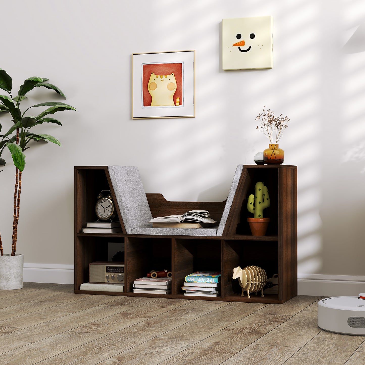HOMCOM Cube Bookshelf Organizer With Cushioned Reading Seat Storage Shelf Chestnut For Bedroom And Living Room