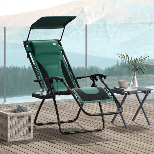 Outsunny Zero Gravity Lounger Chair Folding Reclining Patio Chair With Shade Cover Padded Seat Cup Holder Green