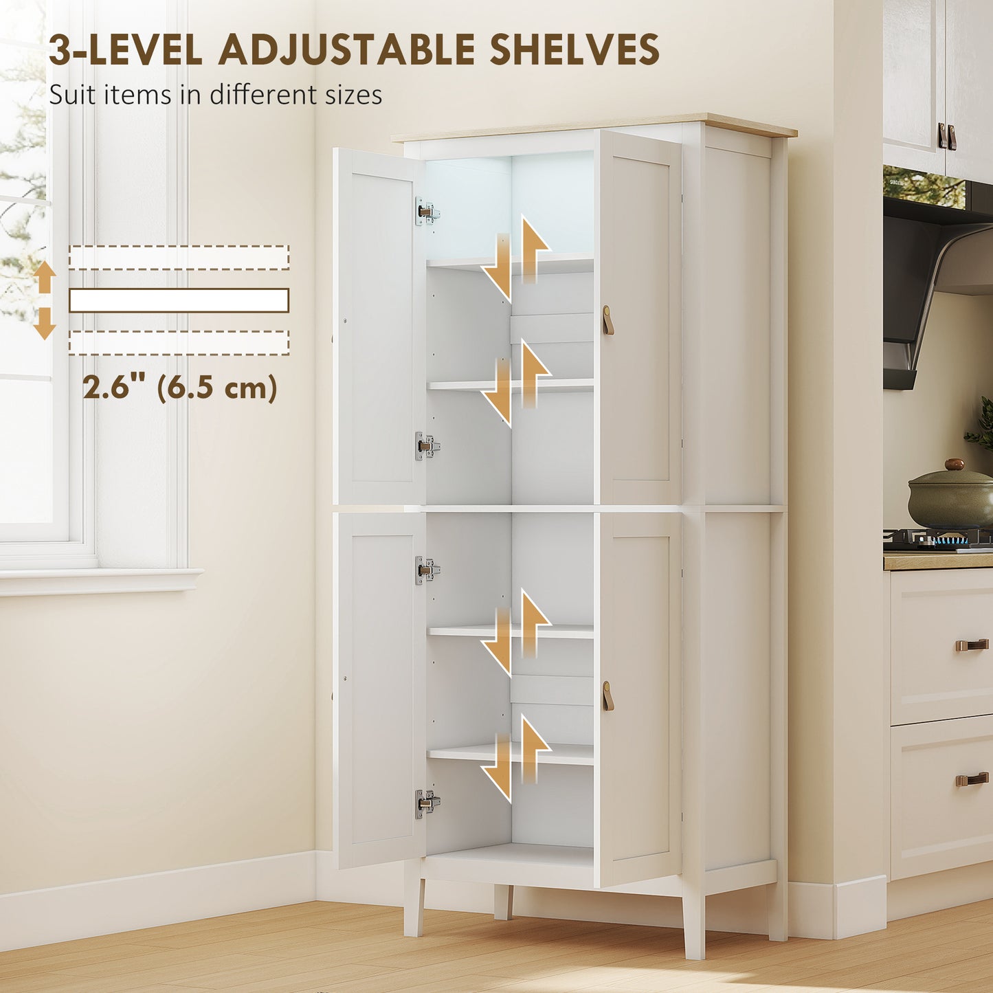 HOMCOM 176.5 cm Tall Pantry Cupboard With Motion Sensor LED Light White For Kitchen Storage