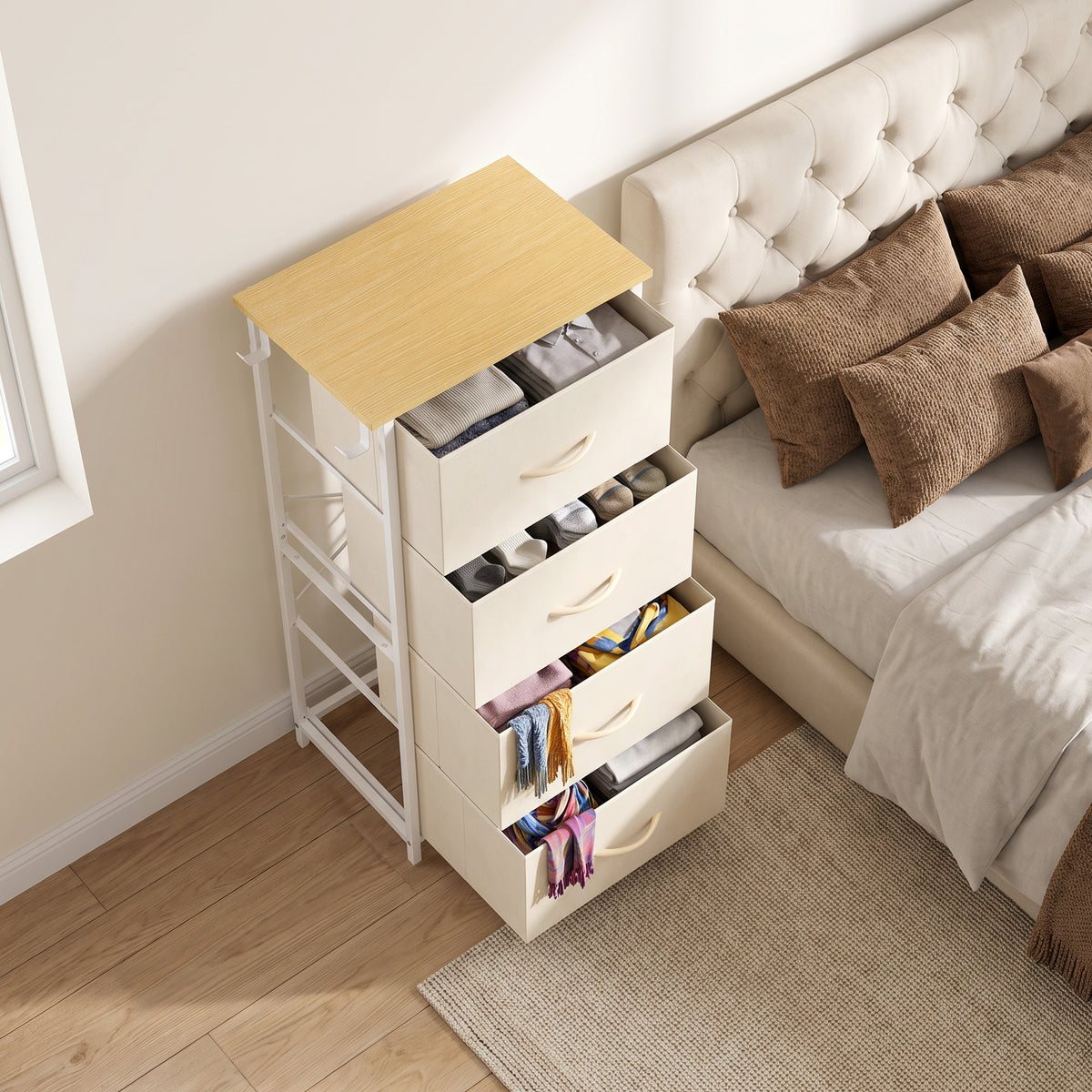 Homcom 4 Drawers Fabric Chest Of Drawers With Steel Frame And Hooks Beige