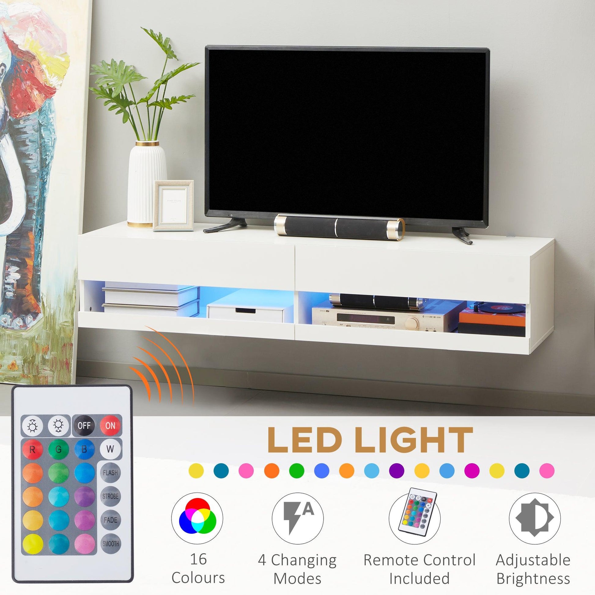 HOMCOM High Gloss TV Stand Unit Wall Mounted with Storage and LED Lights, White - ALL4U RETAILER LTD