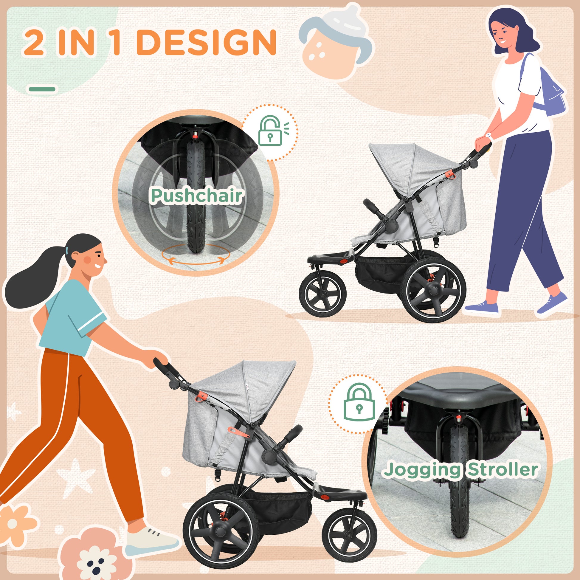 HOMCOM Compact Foldable Three-Wheel Toddler Stroller with Adjustable Canopy and Storage Basket - Grey - ALL4U RETAILER LTD