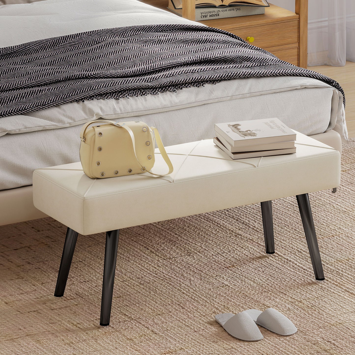 HOMCOM Cream Velvet Upholstered Hallway And End Of Bed Bench With X Shape Design And Steel Legs