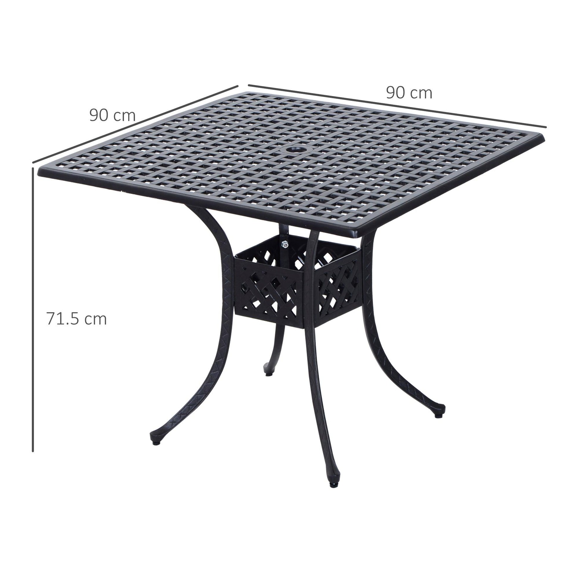 Outsunny 90cm Square Garden Table with Umbrella Hole, Aluminium Grid Motif Outdoor Dining Table for Garden Patio, Black - ALL4U RETAILER LTD