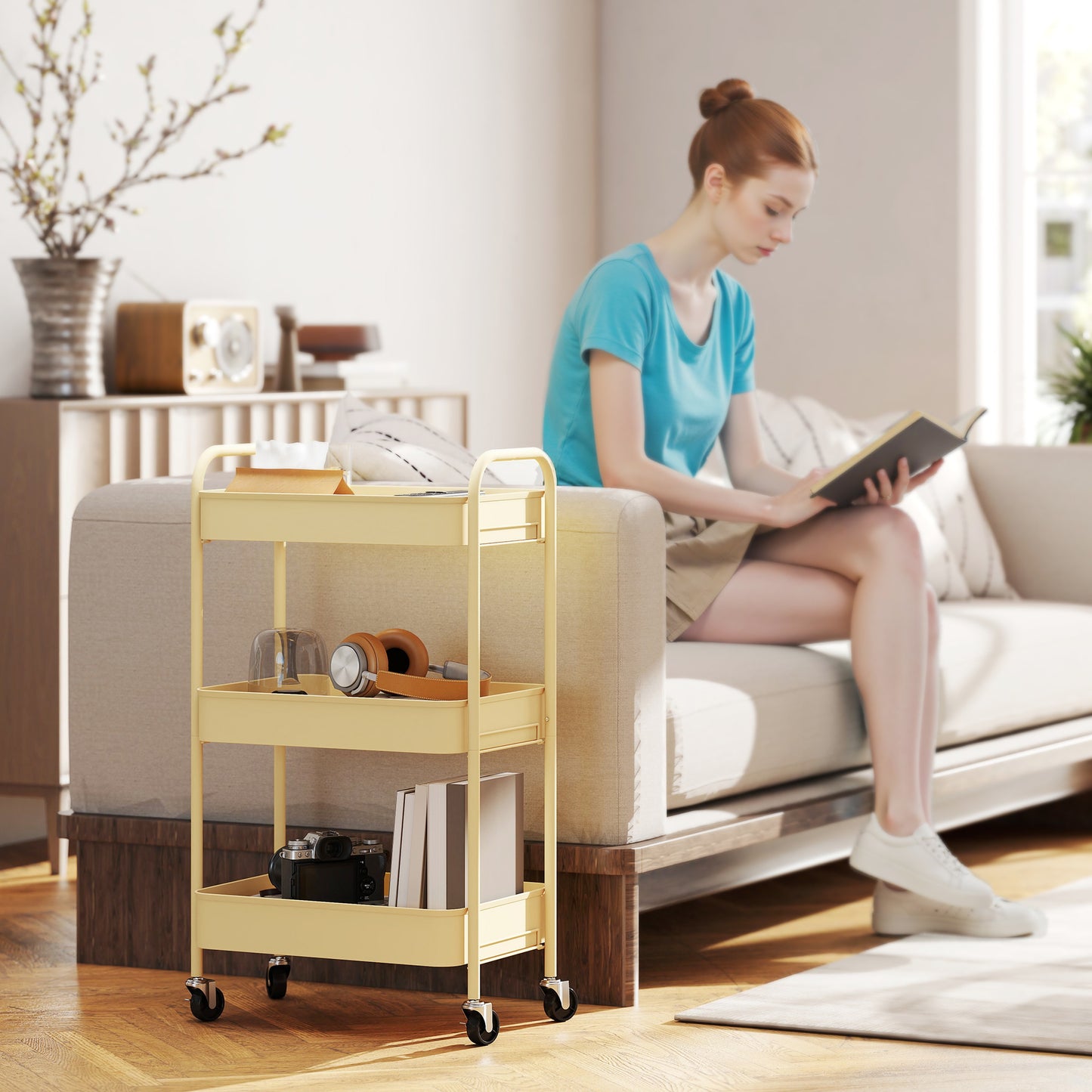 HOMCOM Three Tier Steel Storage Trolley With Baskets Yellow Rolling Cart For Kitchen Laundry Home Organization
