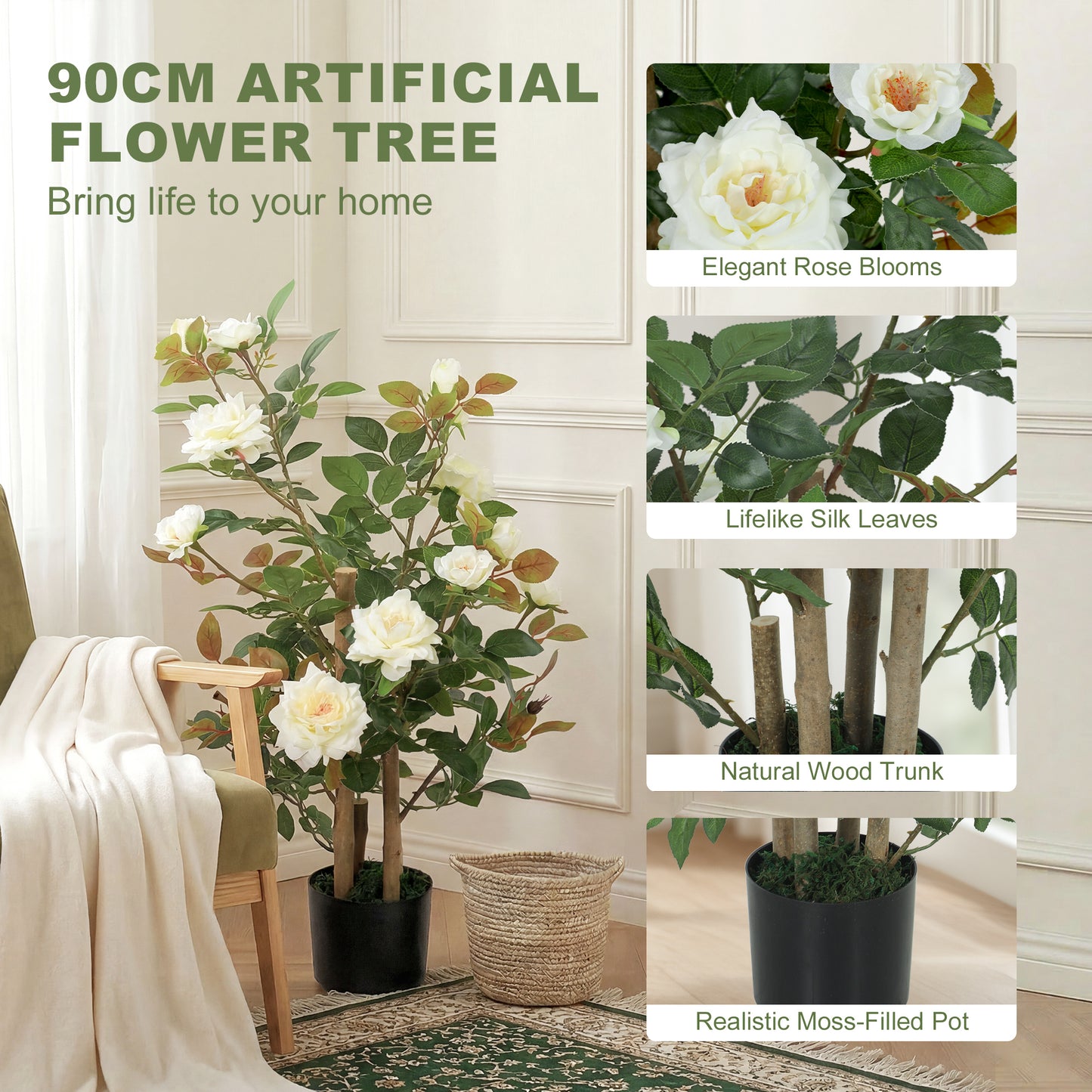 HOMCOM 90cm Artificial Rose Tree with 344 Silk Leaves and 17 Flowers White for Indoor Outdoor Decor