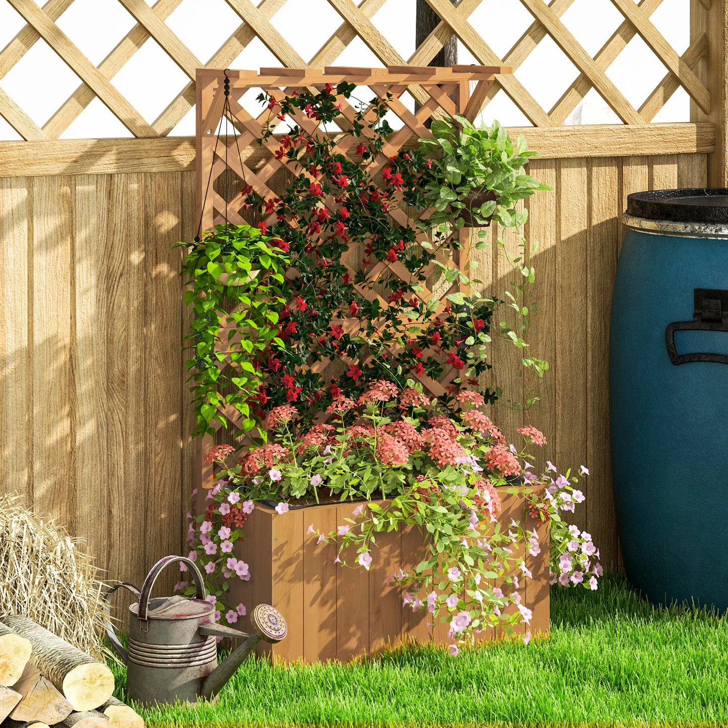 Outsunny Wooden Planter With Trellis Freestanding Raised Garden Bed Drainage Holes Liner Outdoor Natural