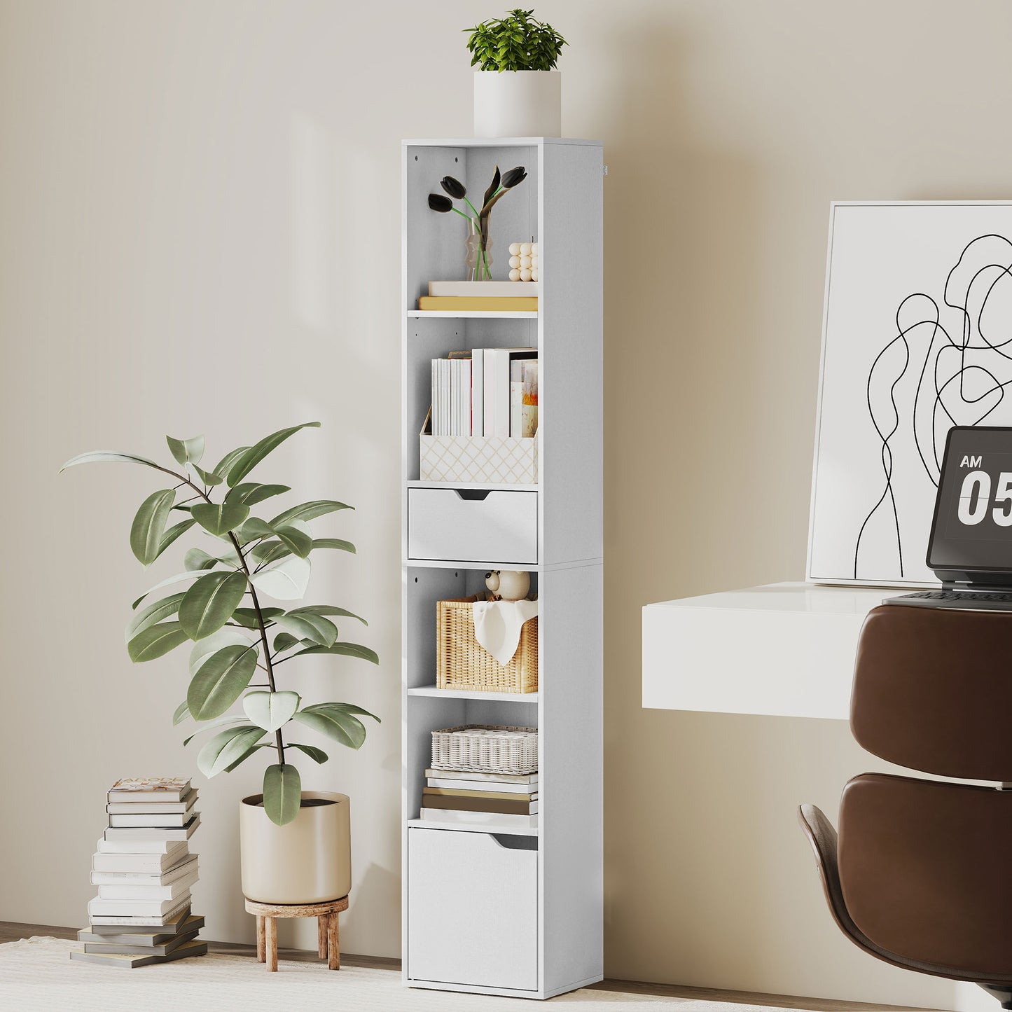 HOMCOM 6-Tier Tall Narrow Bookcase With Drawer And Door White Finish For Living Room Office Storage