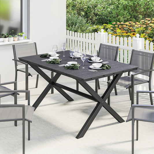 Outsunny Garden Dining Table for 6 with Wood Effect HDPE Top and X Shaped Metal Legs Black