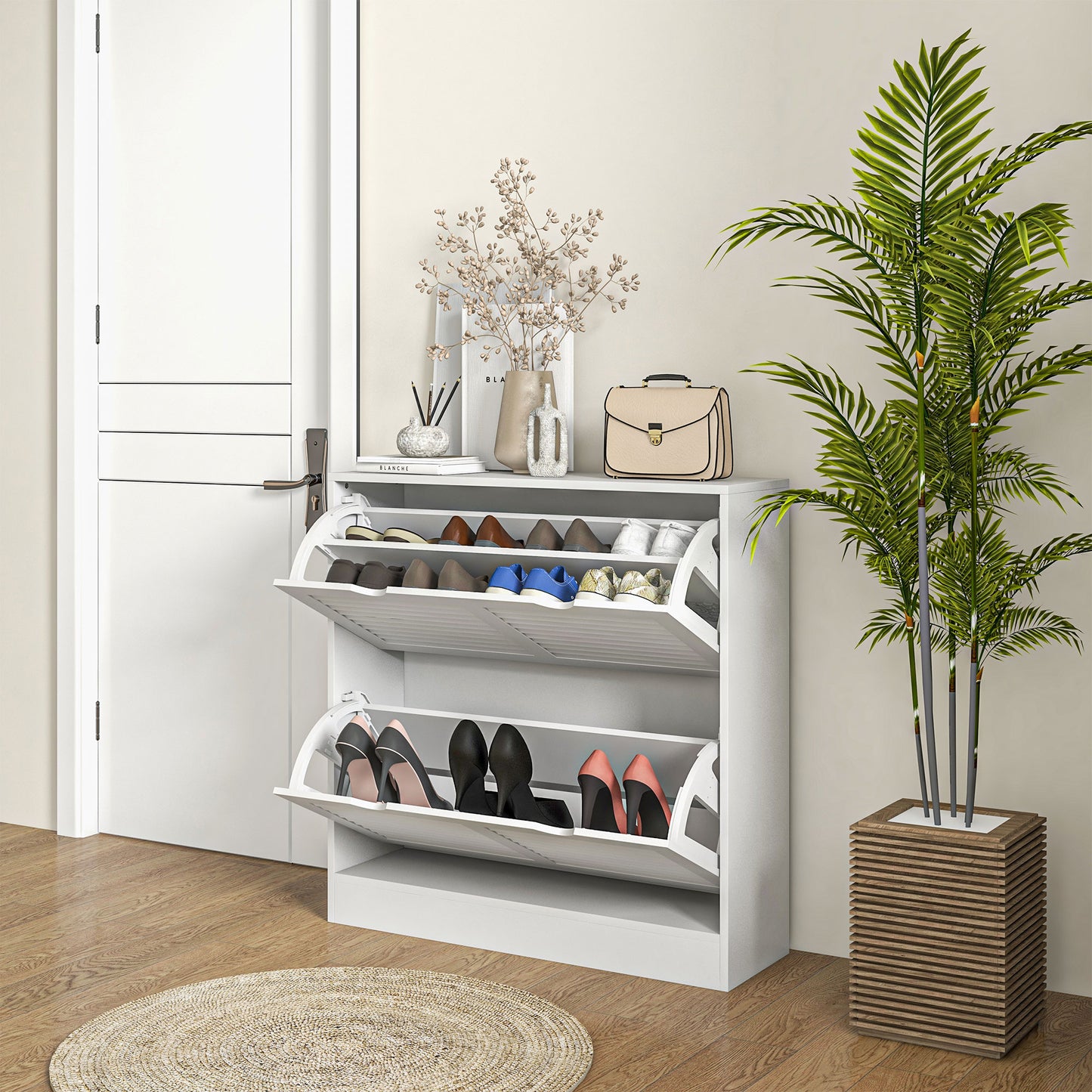 HOMCOM Narrow Entryway Shoe Cabinet With 2 Flip Drawers Louvered Doors Adjustable Shelves Fits 16 Pairs White