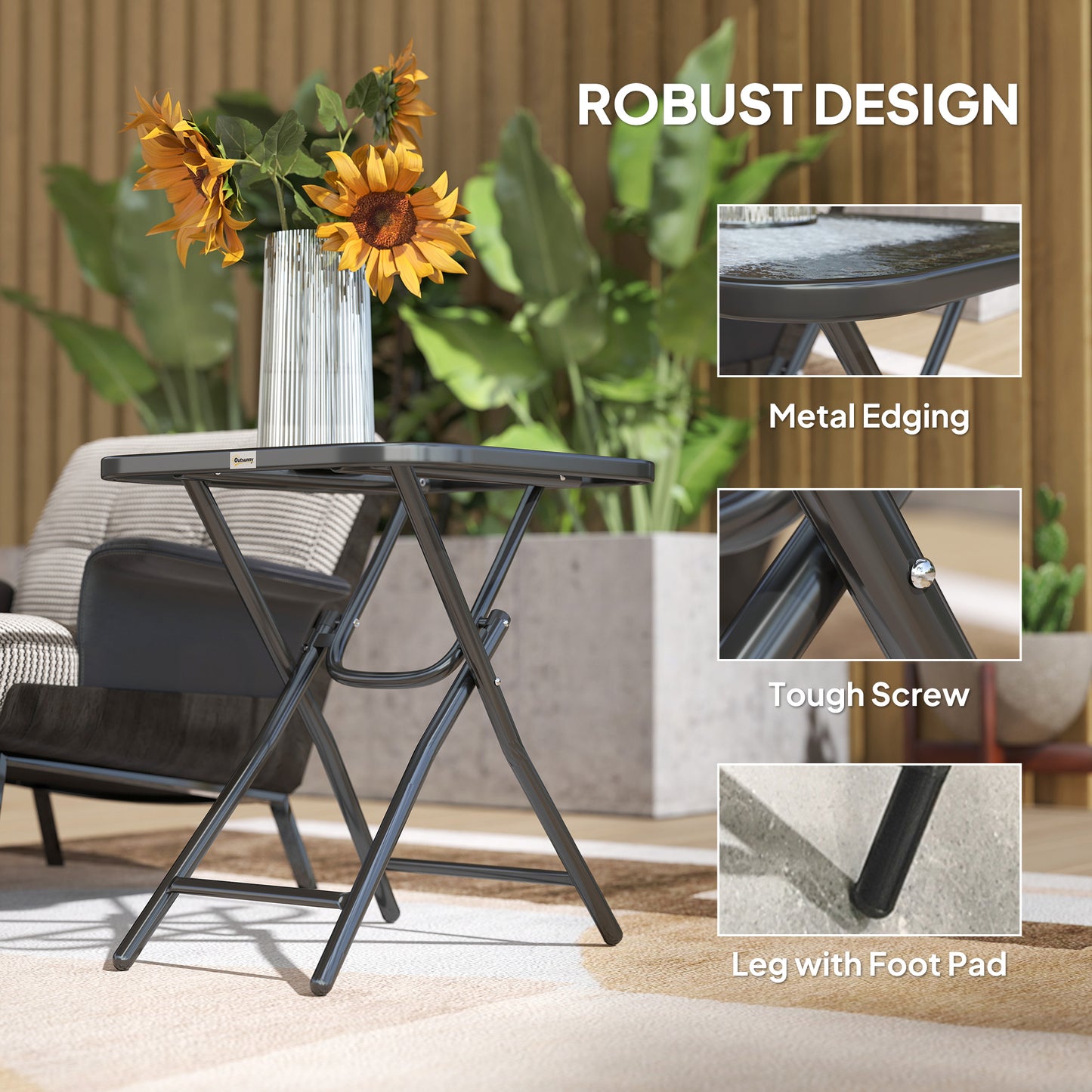 Outsunny Foldable Garden Table Square 45x45 cm With Ripple Glass Top Black 50 cm High Patio Balcony Coffee Table