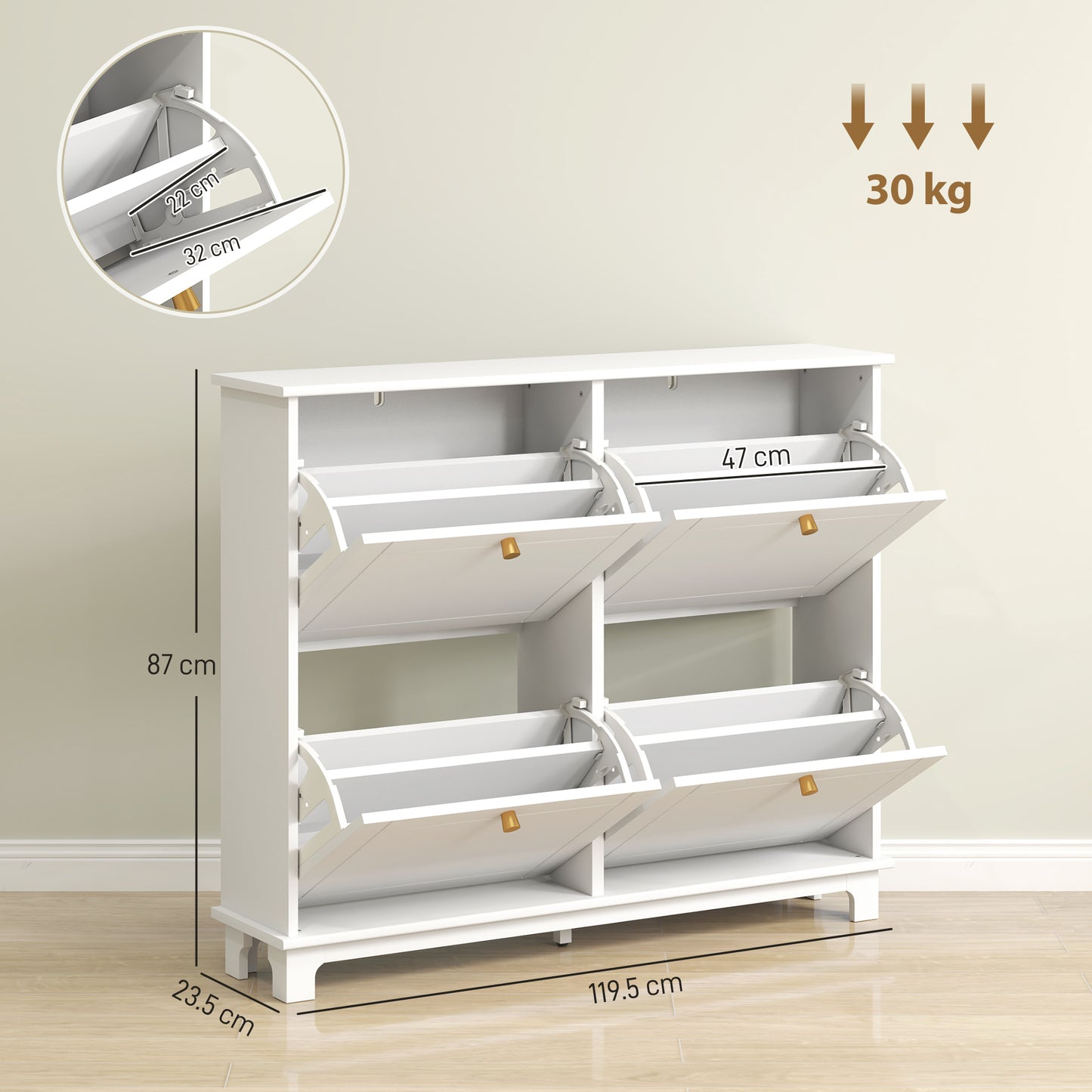 HOMCOM Narrow Shoe Storage Cabinet With 4 Flip Drawers And Adjustable Shelves For 16 Pairs White