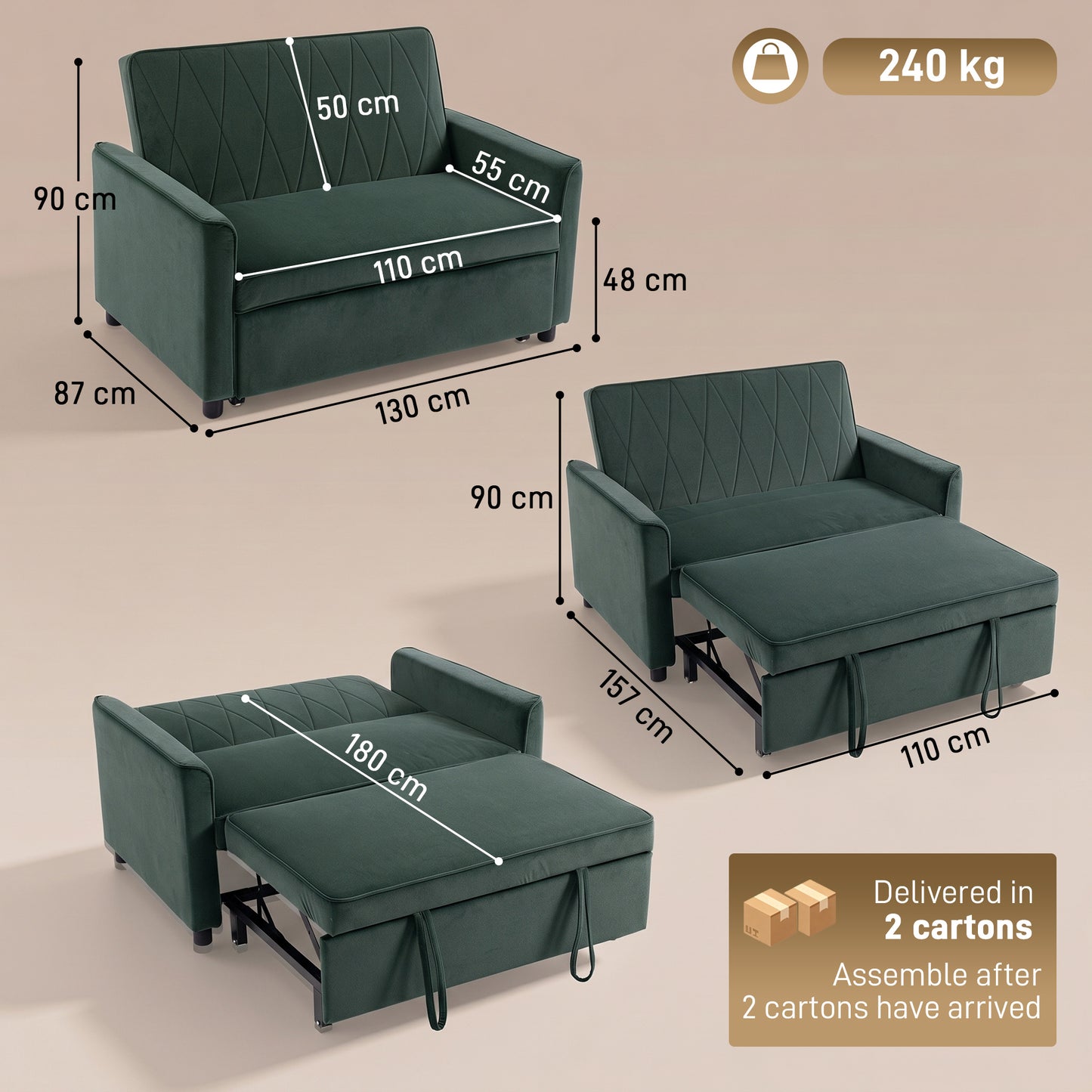 HOMCOM 2 Seater Sofa Bed 3 In 1 Convertible Pull Out Sleeper With Clik-Clack Adjustable Backrest Dark Green Velvet