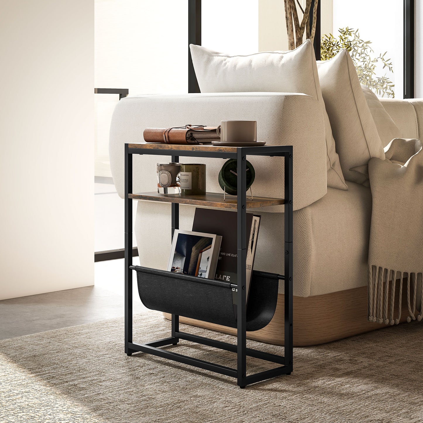 HOMCOM Narrow Side Table End Table With 3 Tier Storage And V Shaped Magazine Holder For Living Room Or Bedroom