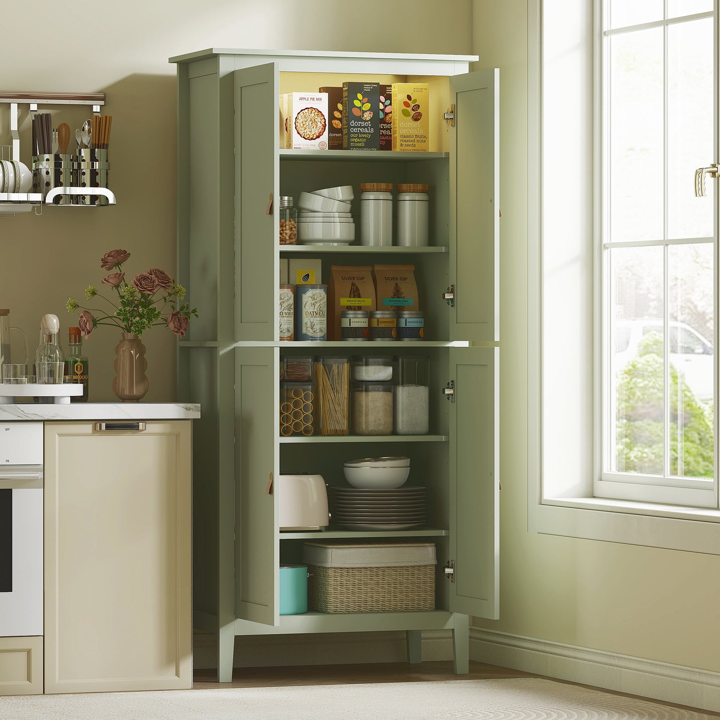 HOMCOM Tall Pantry Cupboard With Motion Sensor LED Light Green Cabinet With Adjustable Shelves And Three Colour Options