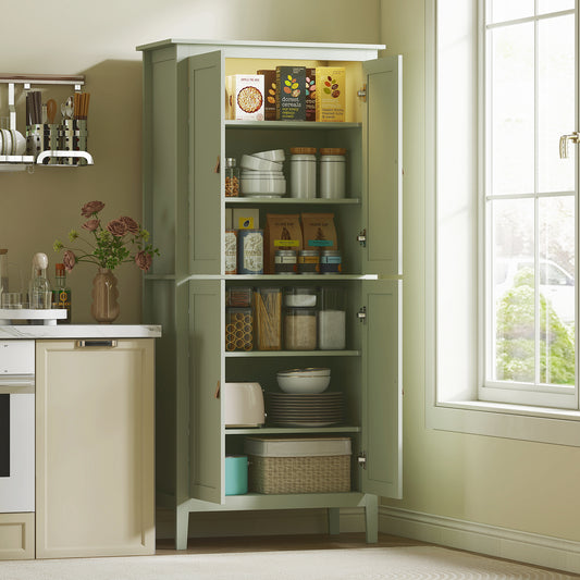 HOMCOM Tall Pantry Cupboard With Motion Sensor LED Light Green Cabinet With Adjustable Shelves And Three Colour Options
