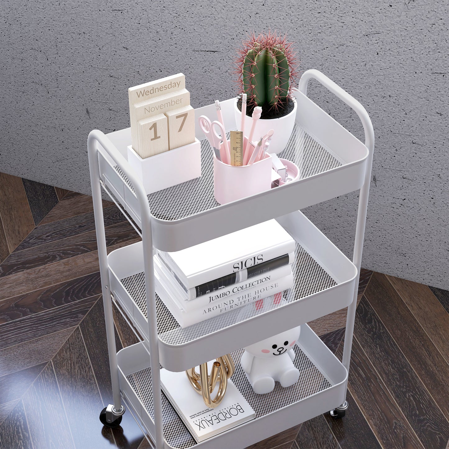 HOMCOM Three Tier Steel Storage Trolley White Rolling Cart With Small Medium Large Baskets Home Organization